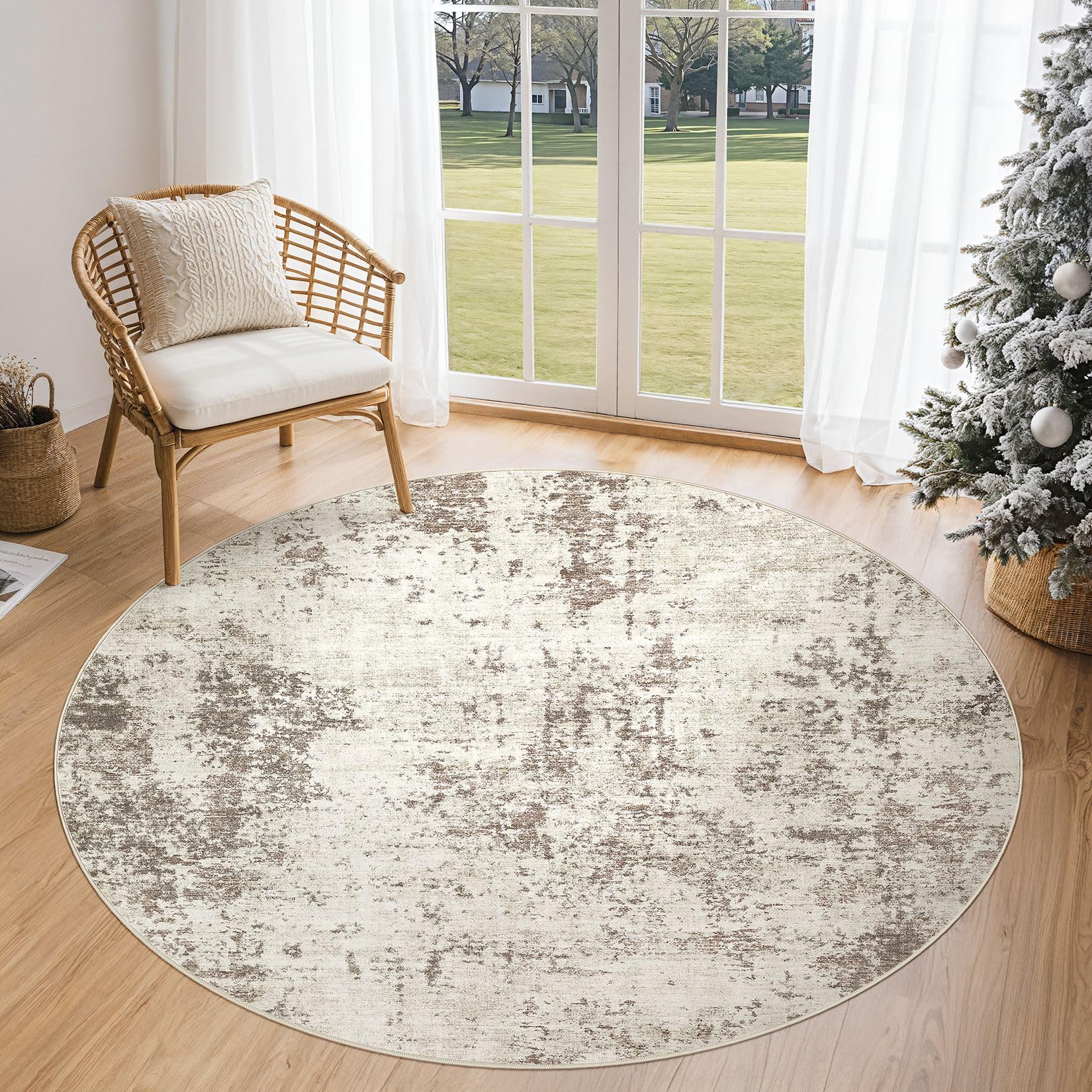 UERMEI 5ft Round Area Rug Living Room Rugs - 5x5 Washable Neutral Modern Abstract Soft Thin Rug Indoor Floor No Slip Rug Carpet for Bedroom Under