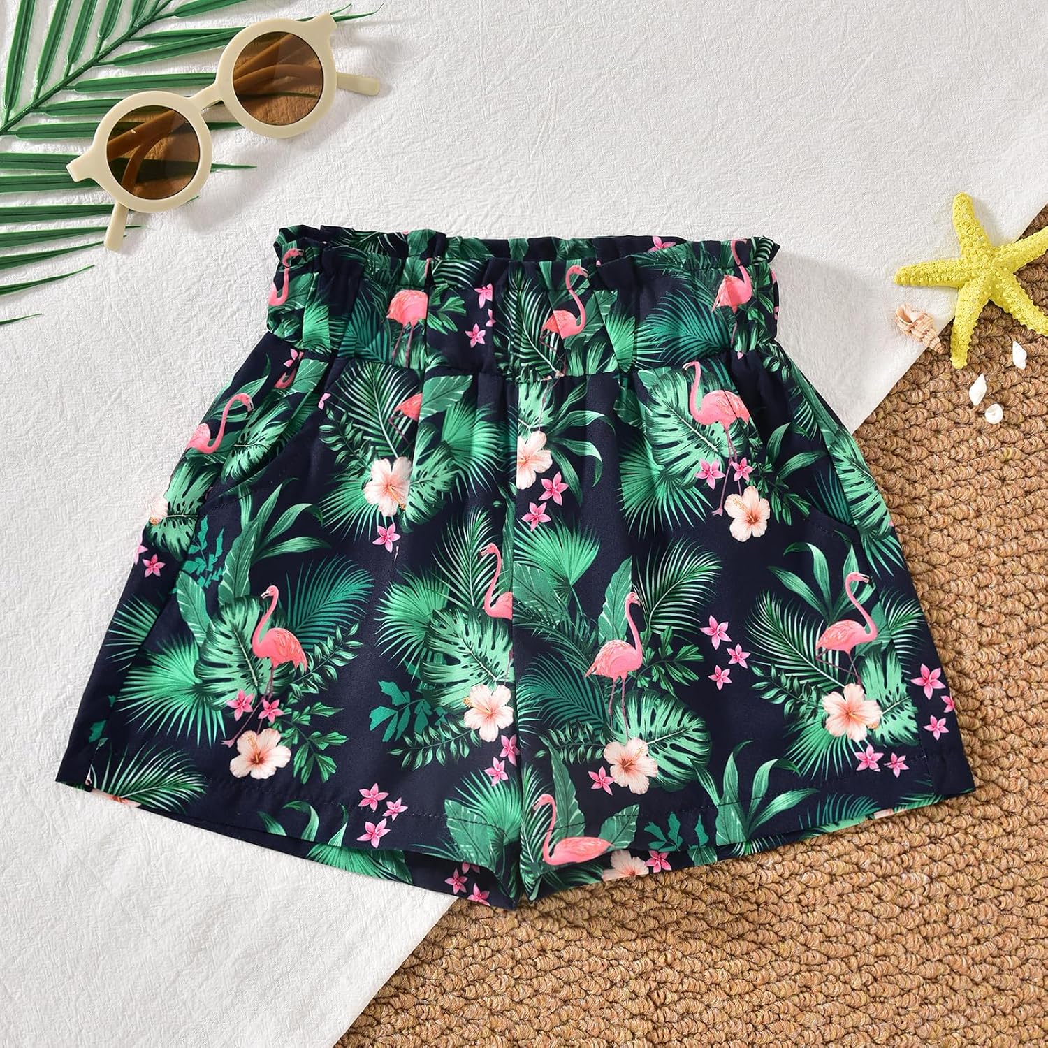HINTINA Toddler Girl 3 Pieces Summer Outfits Cami Crop Top Tropical Print Shirt Hawaiian Shorts Set