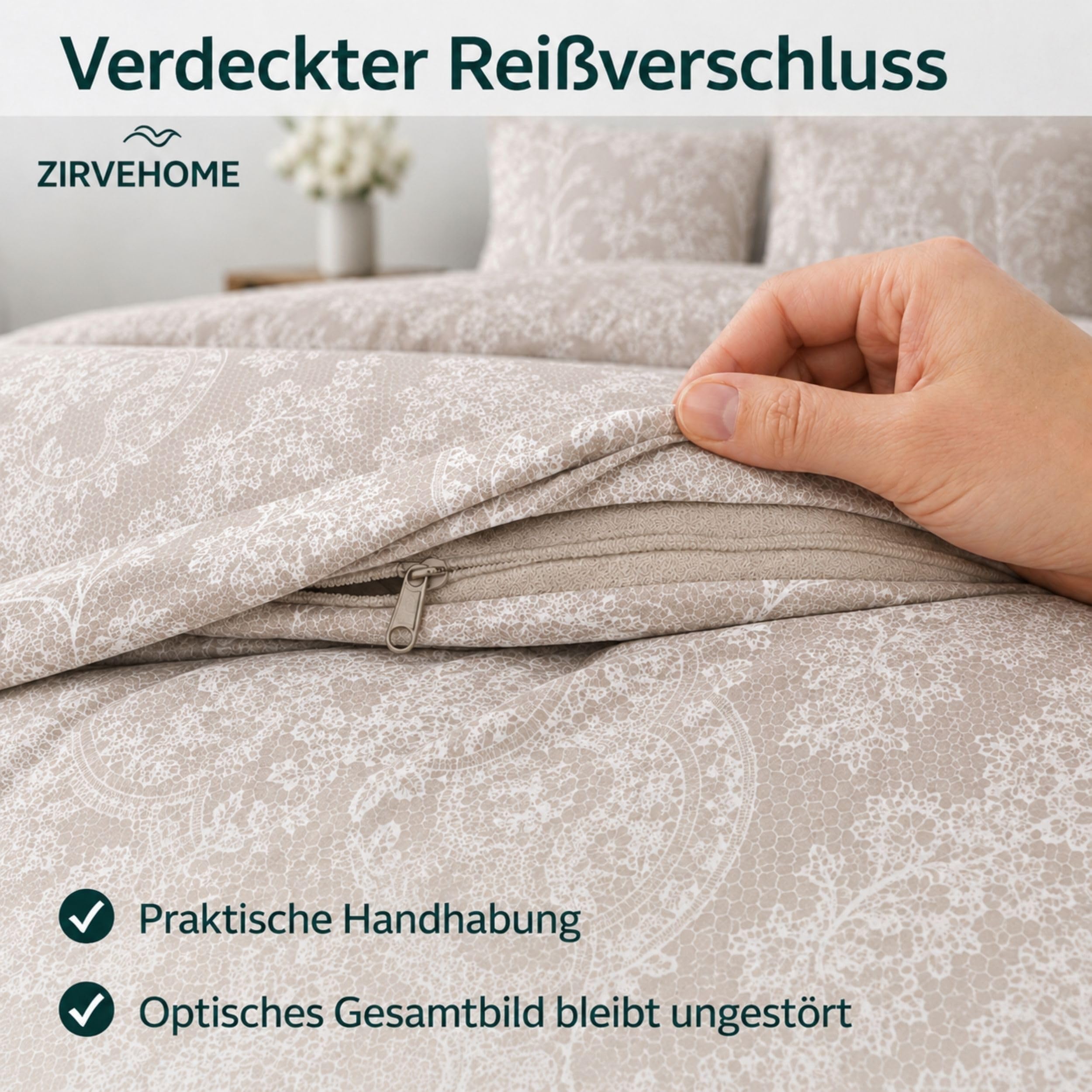 Bettwäsche 155x220 cm 4-teilig – Beige Creme Bettbezug mit Elegantem Spitzen & Ornament Muster – 2x Bettbezüge 155x220 + 2x Kissenbezüge 80x80 – Renforcé Baumwolle – Ganzjahresbettwäsche, Ornella