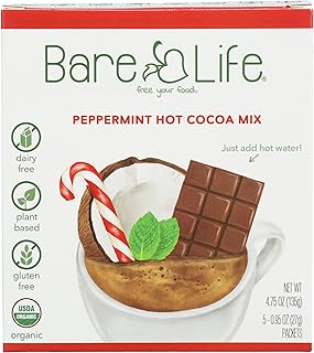Bare Life: Dairy Free Peppermint Hot Cocoa Mix | Single Serving 0.95 Oz (5 Pack) | Gluten Free, Vegan, Organic, Plant Based, Paleo, Soy Free, Corn Free, Lactose Free, Refined Sugar Free Hot Chocolate