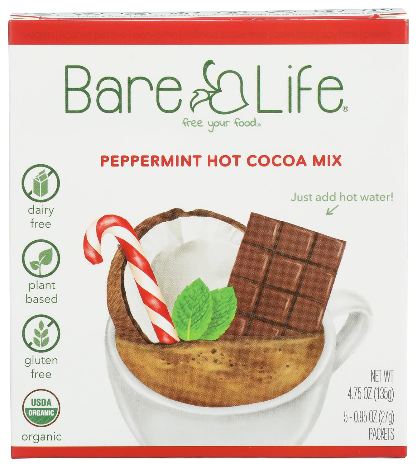 Bare Life: Dairy Free Hot Cocoa Mix - Single Servings 0.95 Oz. | Gluten Free, Vegan and Organic (20 Pack, Peppermint)