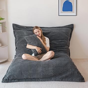 MAXYOYO Giant Bean Bag Chair with Pillow, 3 in 1 Convertible Bean Bag Chair | Removable Floor Cushion Stuffed Floor Lounger for Adults with Washable Cover, Lazy Chair for Living Room, Dark Grey, Full