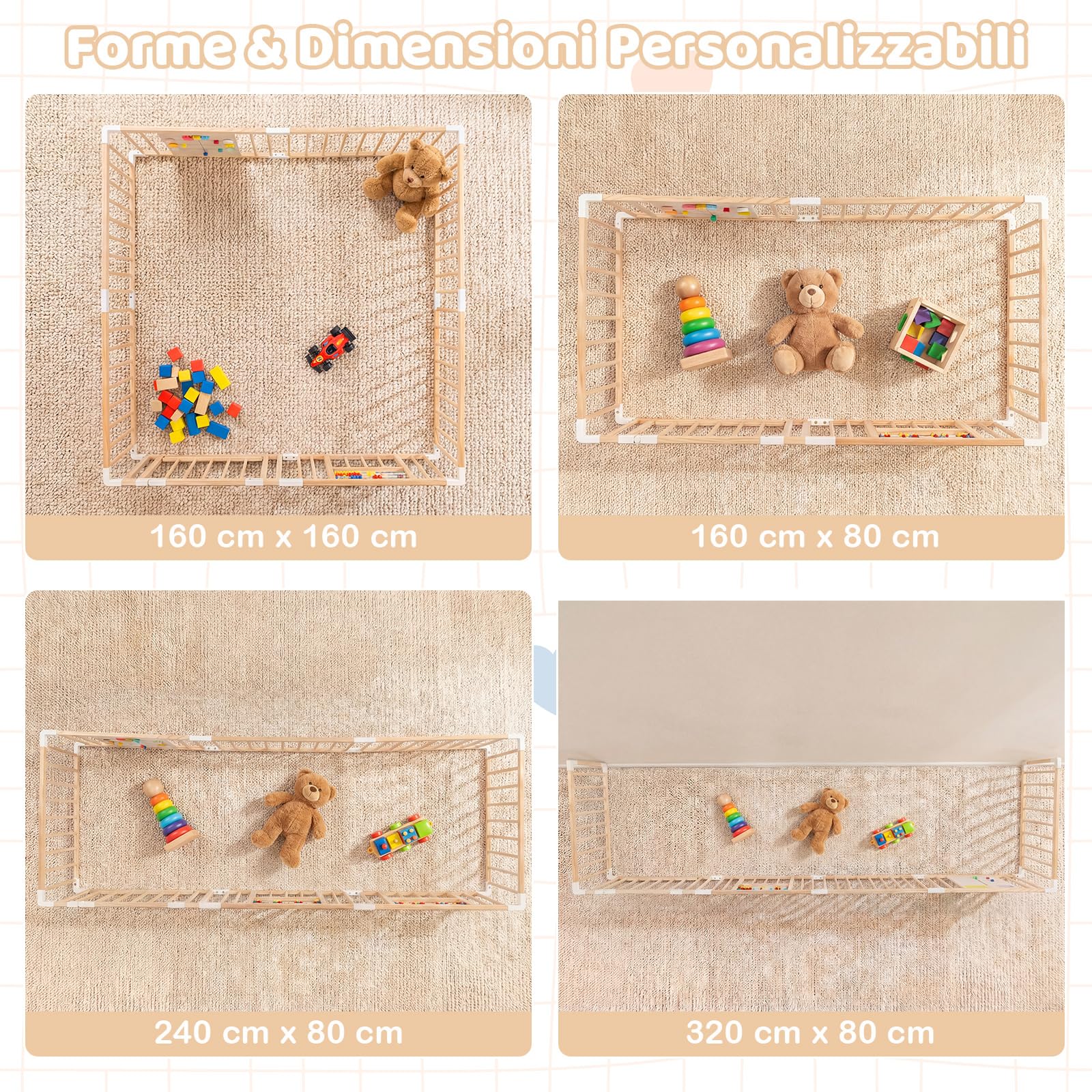 COSTWAY Box Bambini in Legno 160x160cm, Recinto Gioco con Montessori Busy Board, Pannello Sensoriale e Blocco di Sicurezza, Ampia Area Giochi - 5