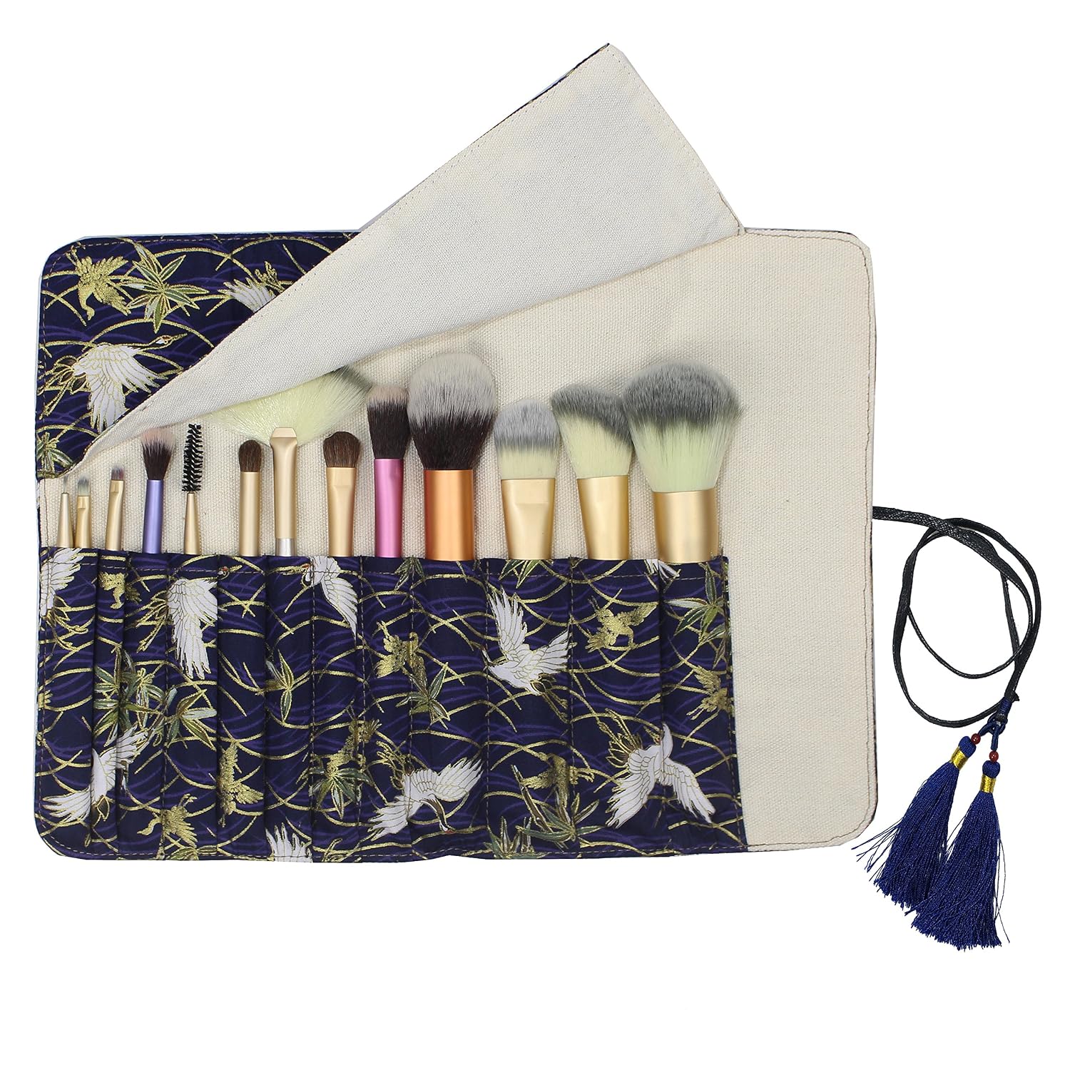 12 Pockets Makeup Brushes Rolling Case Pouch Holder Cosmetic Bag Organizer Case with Belt Strap, NO BRUSHES (Gilded Crane)