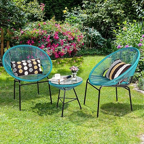 Miniatura 2 de Tangkula Juego de 3 muebles de patio al aire libre, juego de sillas Acapulco con cuerda de plástico, mesa de vidrio templado, juego de bistró para