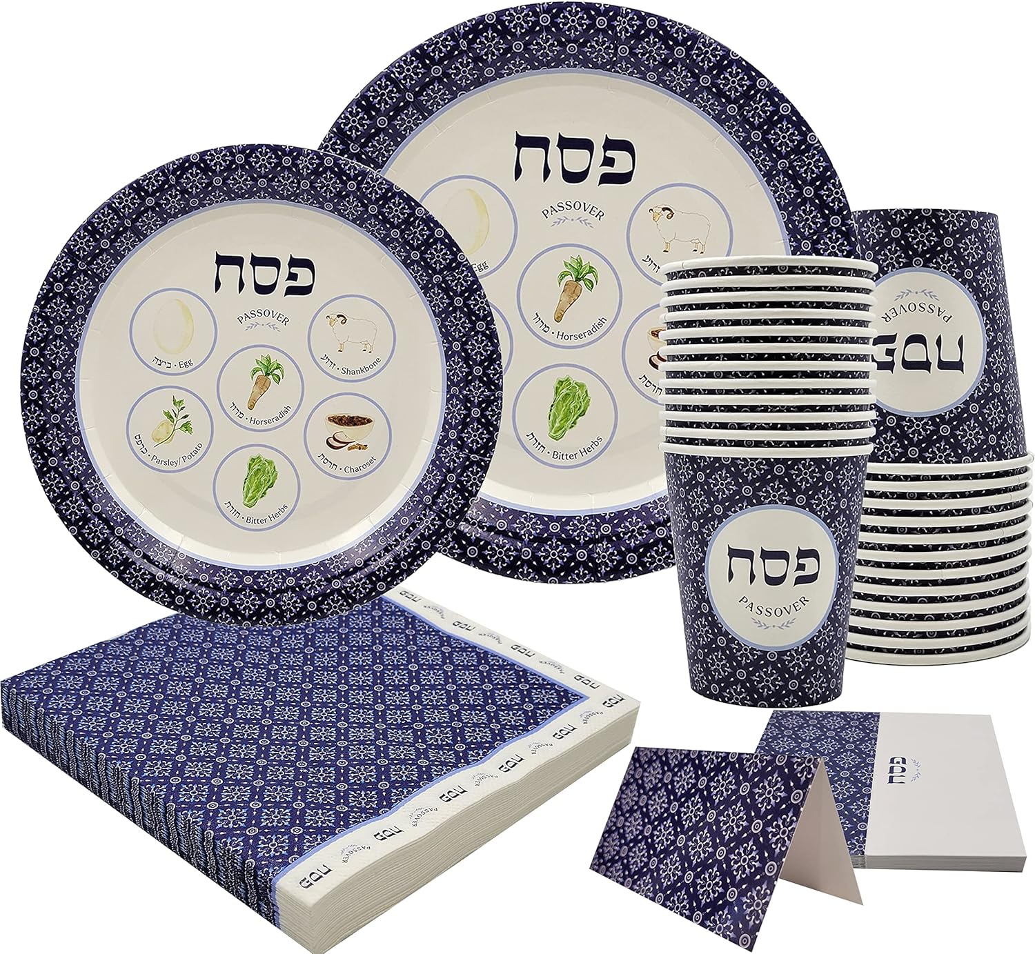 The Dreidel Company 120-Piece. Serves 24. Passover Blue Paper Goods Seder Plate Design Party Set - 9" and 7" Plates, Cups, Napkins, and Place Cards - 120 Piece Set, Serves 24 People