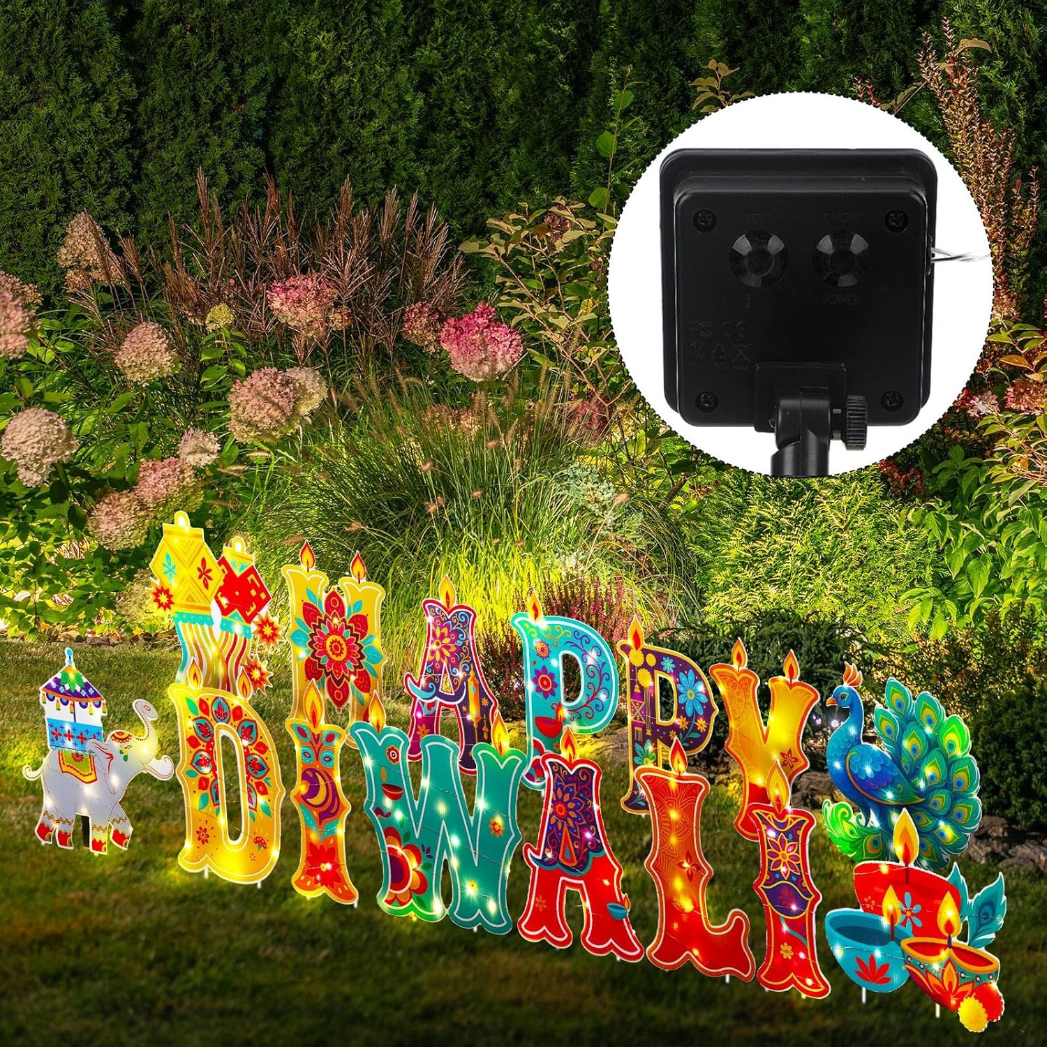 Leinuosen 15 Pcs Happy Diwali Yard Sign Decorations with Stakes and 2 Solar String Light Outdoor Happy Diwali Light up Decorations for Home Indian Deepavali Party Lawn Home Garden Outside Decor
