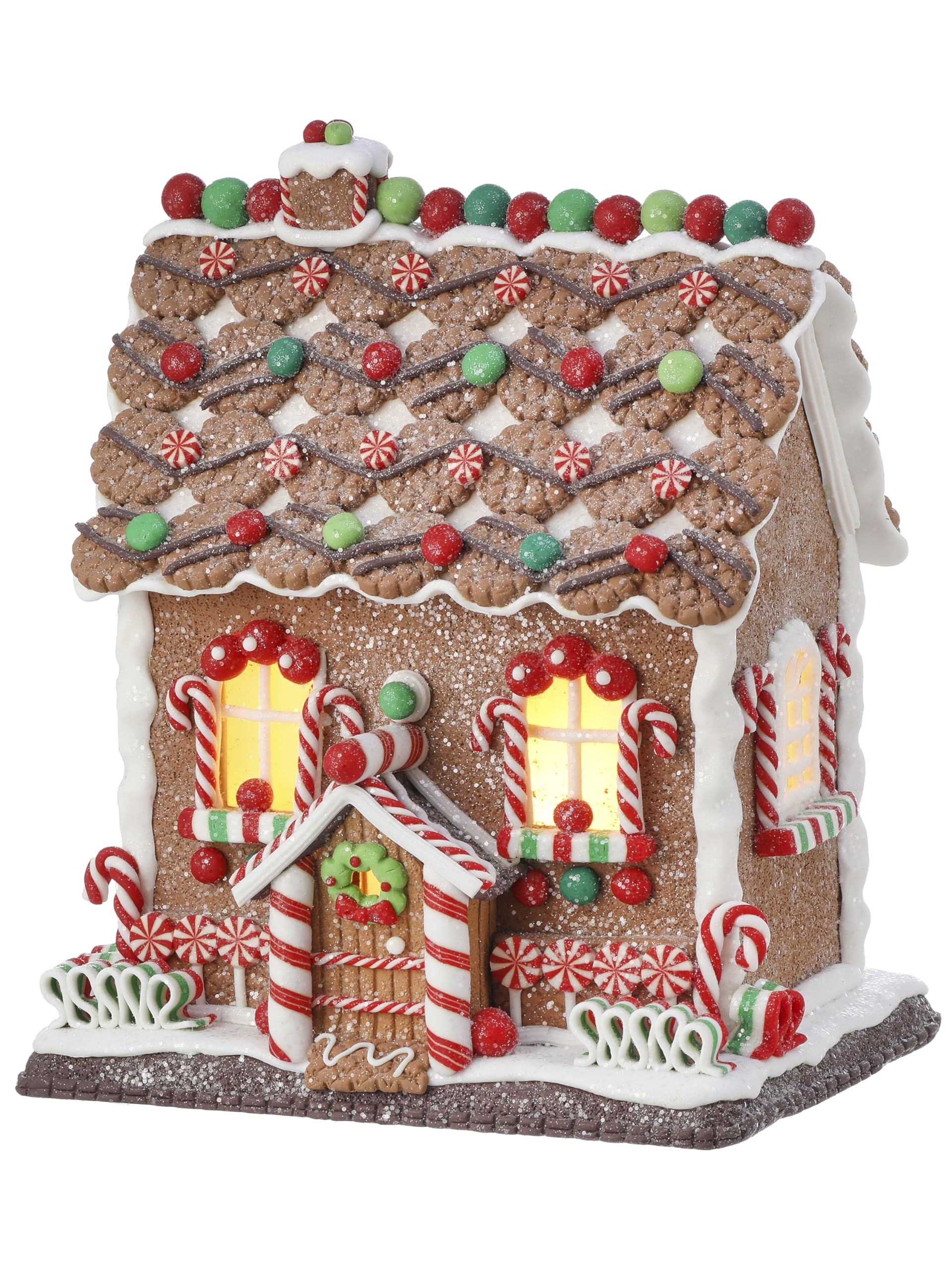 One Holiday Way Décoration de maison en pain d'épices lumineuse de 25,4 cm avec accents de bonbons rouges et verts – Décoration de table de village de Noël en faux pain d'épices