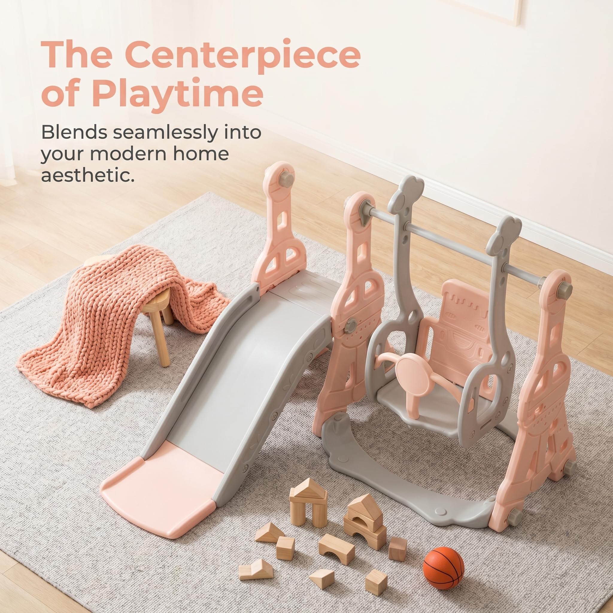 Toboggan Enfant 4 en 1,Toboggan Enfant avec Balançoire,Glissière de Jardin pour L'intérieur et L'extérieur,avec Échelle, Balançoire et Cadre de Basket - Ball, Rose