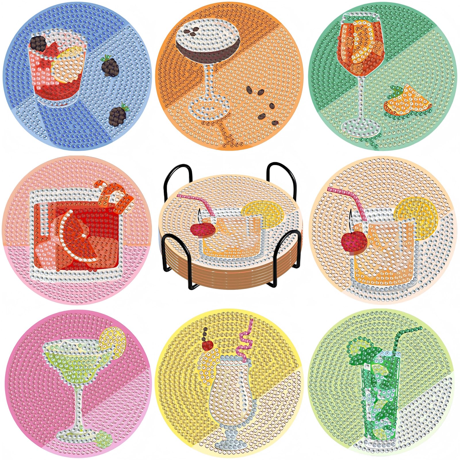 QIUQI 8 Stück Diamond Painting Untersetzer Cocktail, mit Halter, für Tassen