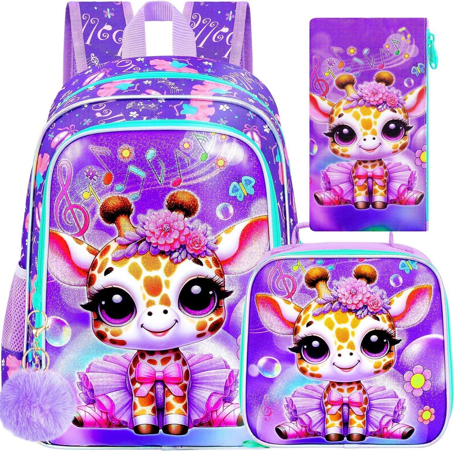 CCJPX 3PCS Kids Backpack for Girls,16 inch Ballet Giraffe Preschool Backpacks with Lunch Bag, Cute Water Resistant Kindergarten School Bookbag for Elementary Kids Teen Travel