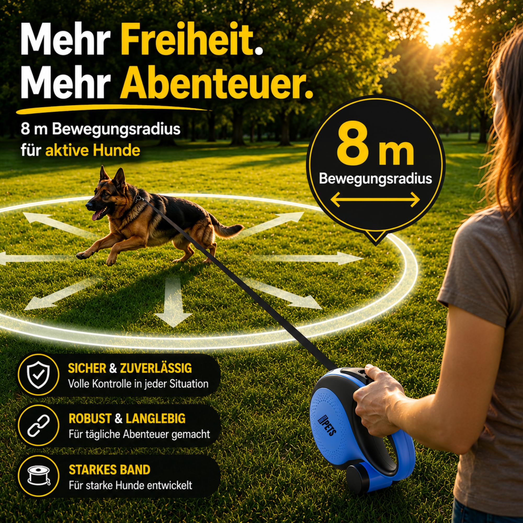 Guinzaglio per cani allungabile Retrattile 8m, con sacchetto per escrementi per canii fino a 50 kg, ideale per cani di taglia grande, media e piccola. (Blu, XL - 8m - fino a 50 kg)