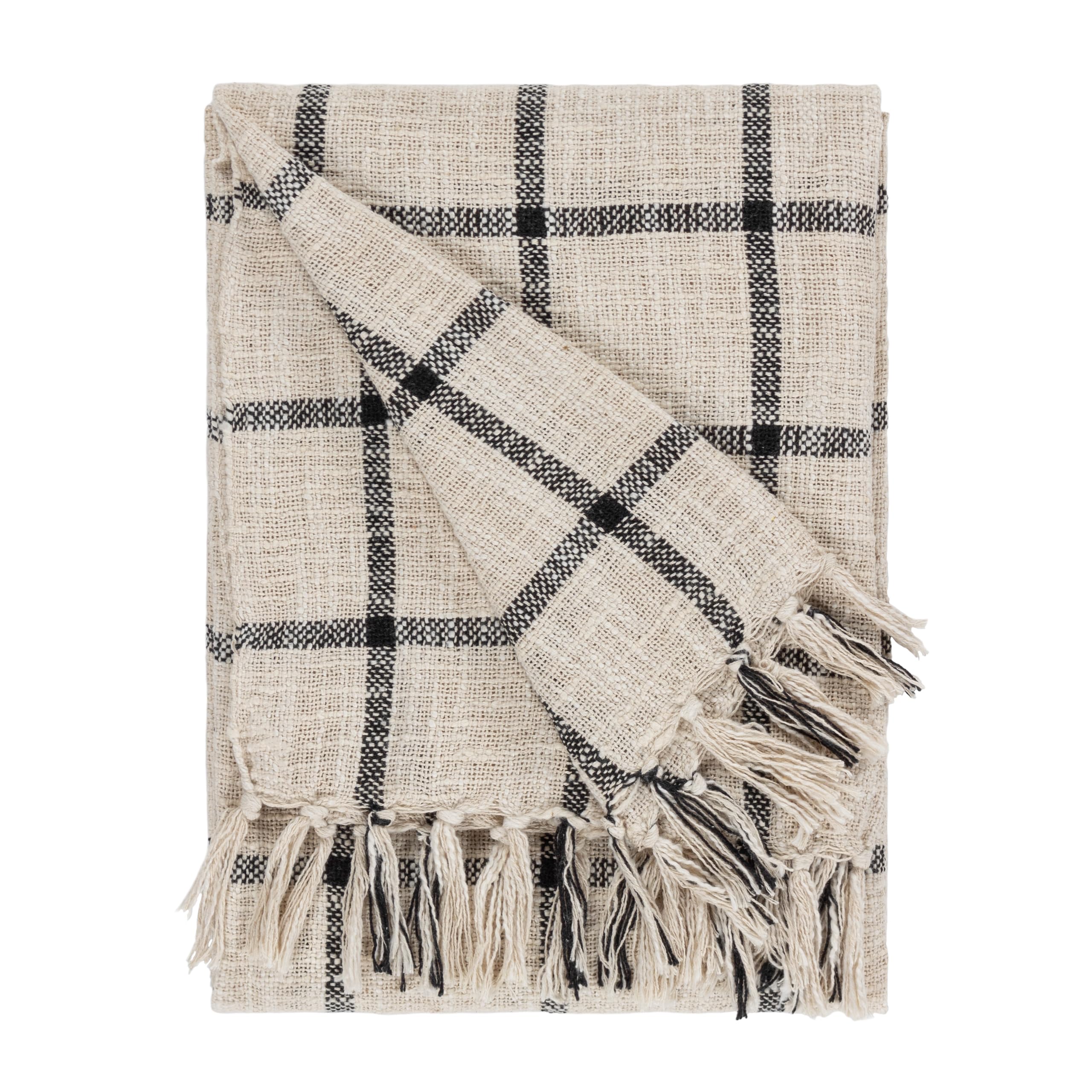 Yard Natural/Black Furn. Beni Woven Cotton Tasselled Throw – Textured Check With Double Fringed Trim ( – 130Cm X 180Cm)