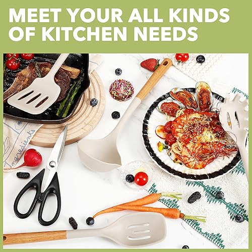 Miniatura 7 de Juego de 7 utensilios de cocina de silicona resistentes al calor, mango de madera y silicona de grado alimenticio, espátula, cucharón de sopa,