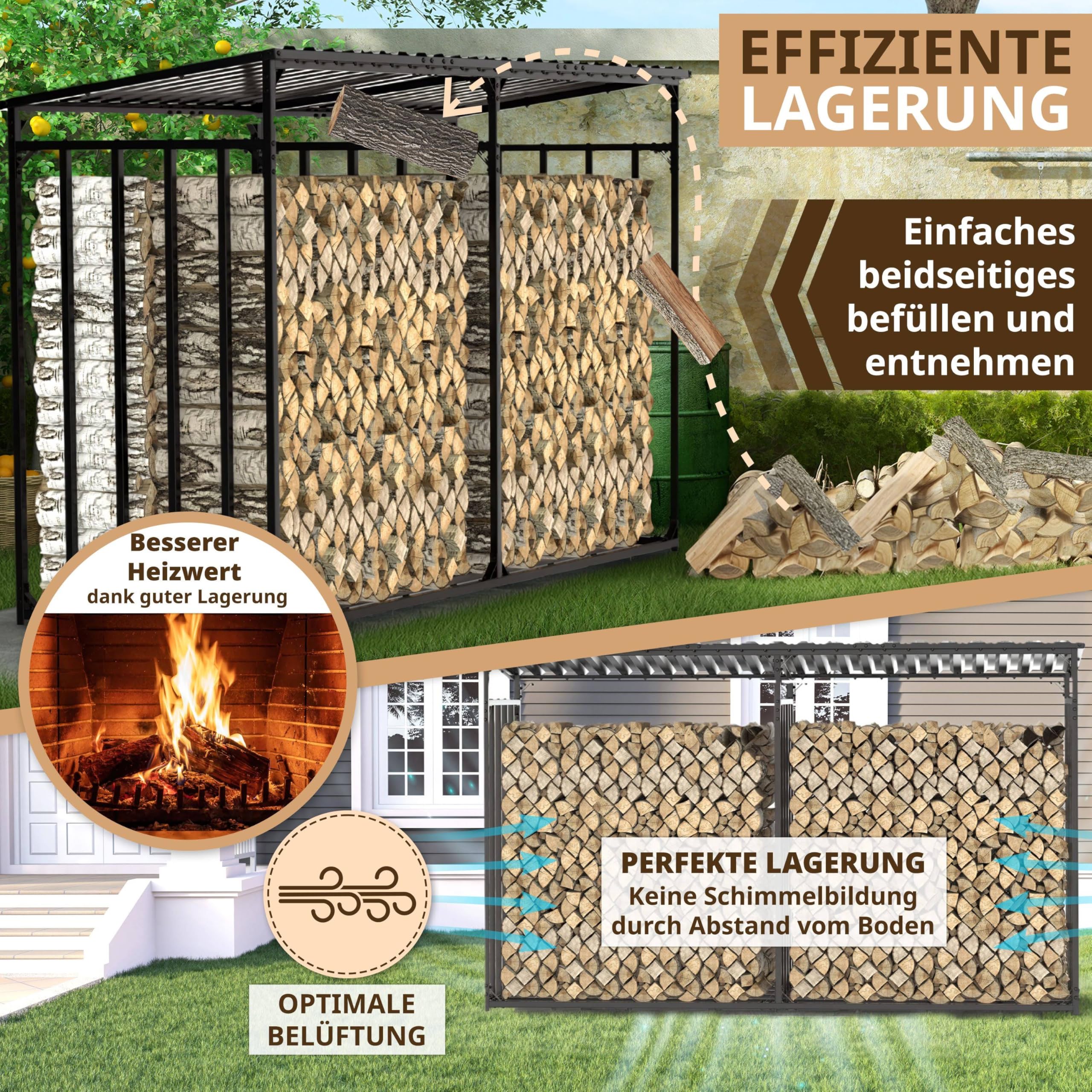 Kaminholzregal aussen Metall mit Dach 300x105x185cm für 1m I 33cm I 25cm Brennholz Stapelhilfe verzinkt 3m wetterfestes Feuerholz Garten Regal für draußen Holzunterstand 5m³ Holzlager (3m mit Plane) - 5