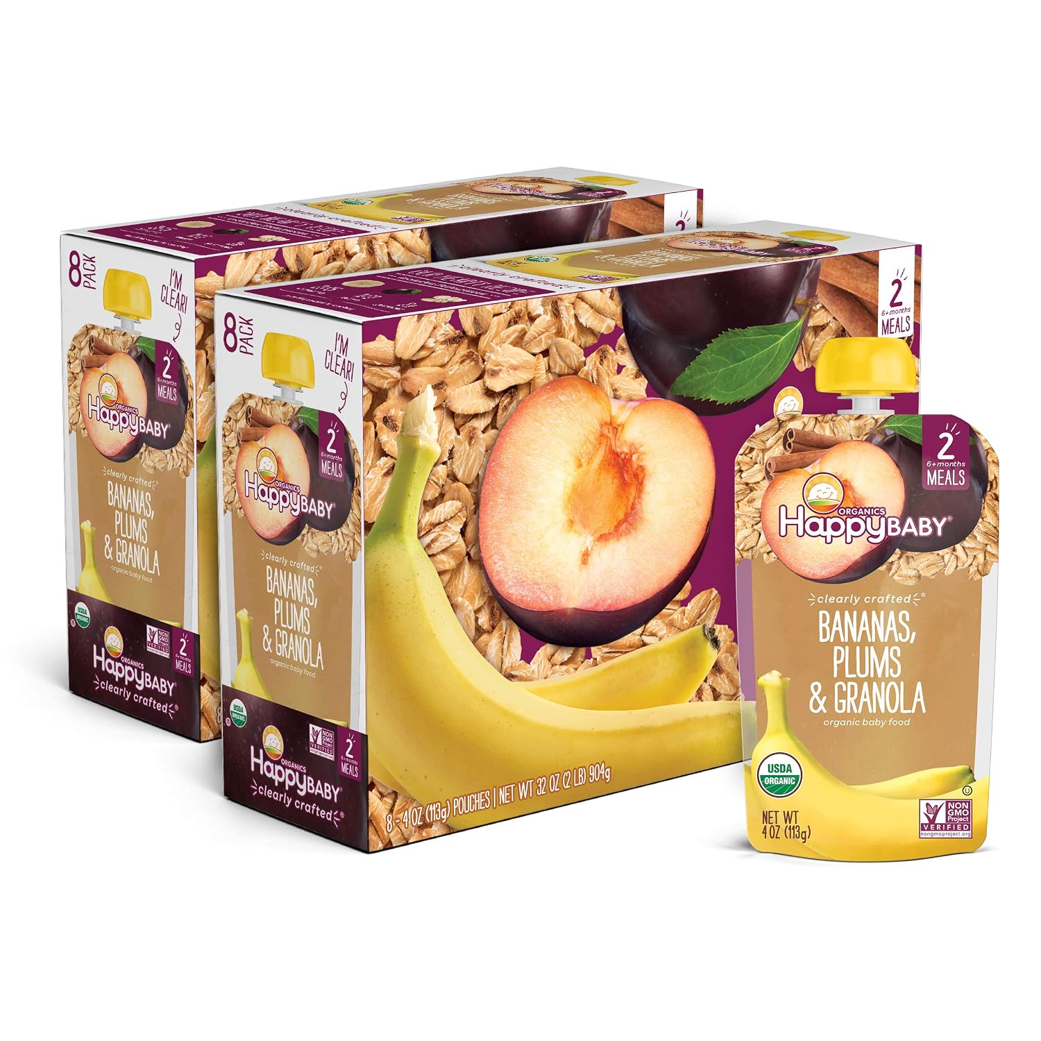 Happy Baby Organics Stage 2 Baby Food Pouches, Gluten Free, Vegan & Healthy Snack, Clearly Crafted Fruit & Veggie Puree, Apples, Bananas, Plums & Granola, 4 Ounces (Pack of 16)