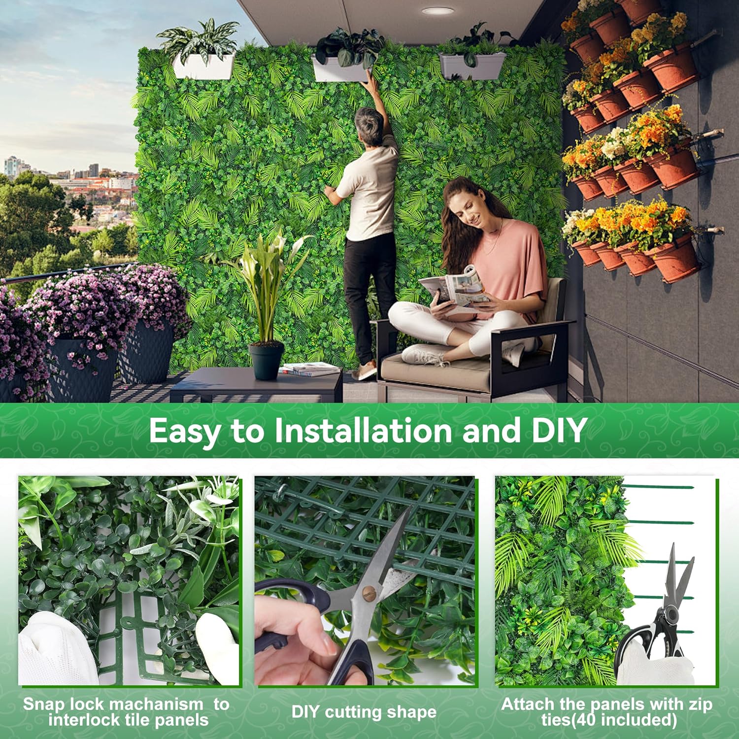 Artificial Plant Wall Panels, 20"x20" 16PCS Faux Grass Backdrop with UV Resistant Fern Leaves, Green Wall Decor for Outdoor Indoor Patio Garden Backyard