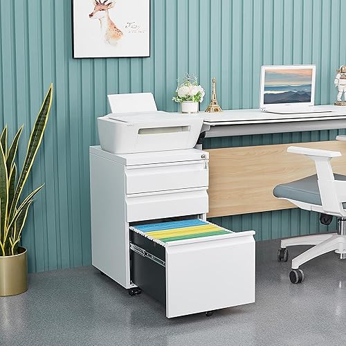 Miniatura 1 de HomJoones Archivador móvil de 3 cajones con cerradura, archivador de almacenamiento de oficina para tamaño legalcarta, archivador de metal