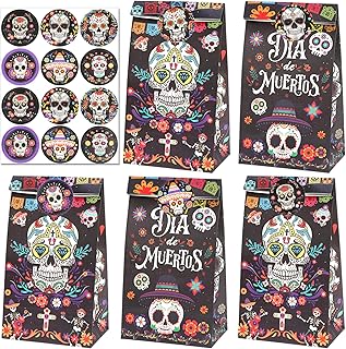 HOWAF Dia De Los Muertos Gift Bags with Stickers, Day of The Dead Sugar Skull Treat Bags for Dia De Los Muertos Mexican Themed Birthday Party Decoration Supplies, Day of The Dead Paper Bags, Dia De Los Muertos Candy Bags Cookie Bags