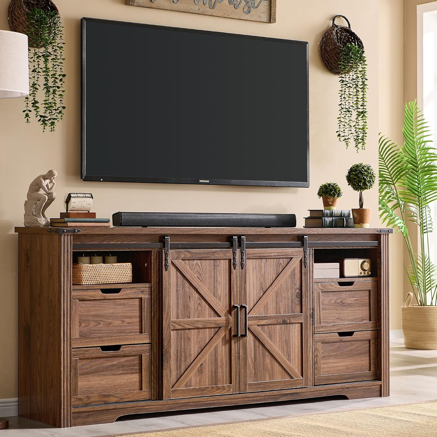 Product image of JXQTLINGMU Farmhouse TV Stand for 75+ Inch TV, 32" Tall Entertainment Center w/4 Drawers & Sliding Barn Door, Rustic Media Console w/Storage Shelves, 66" Wood Television Stand for Living Room, Brown