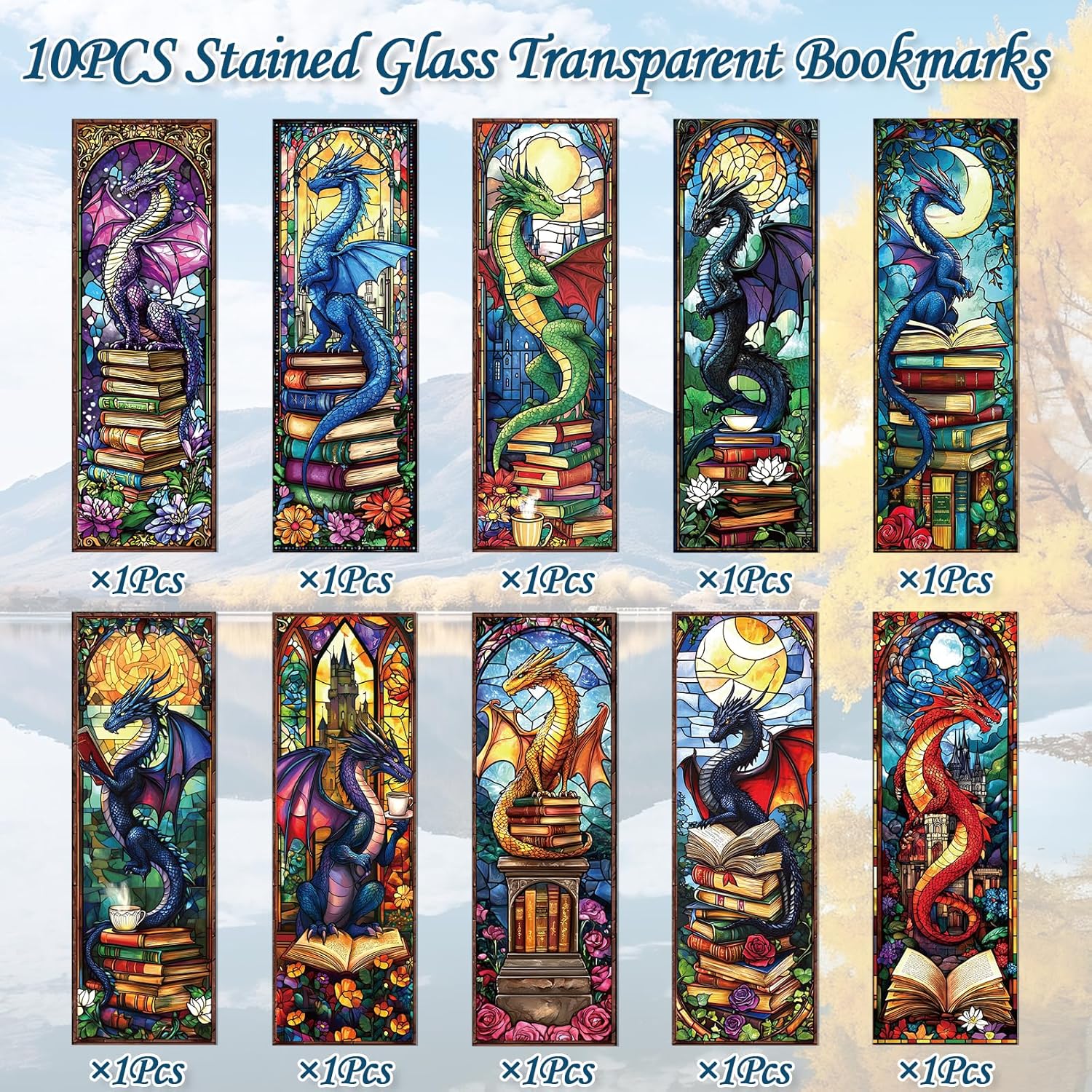 Dragon Stained Glass Transparent Bookmark - Wxiben 10 Pcs Fantastic Transparent PVC Bookmark Cool Dragon Floral Book Mark Page Clips Gifts for Women Men Book Lovers Teacher Student Bookish Readers - Image 3