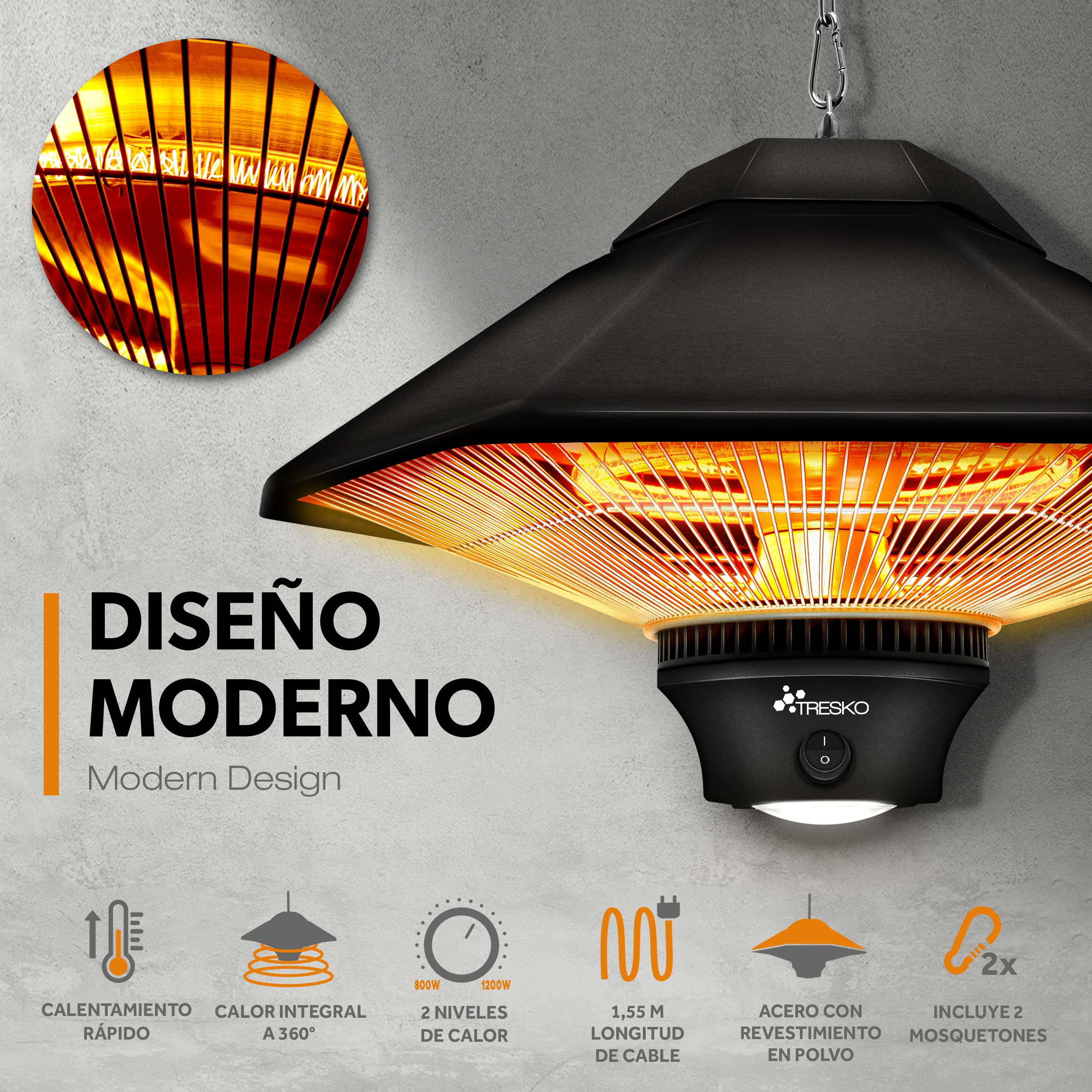 TRESKO Calefactor por Infrarrojos de Pared | 1200W + Control Remoto + Pantalla LED | Estufa Radiante de Terraza con 2 Temperaturas | Radiador Eléctrico para Exterior e Interior | Calentador de Techo