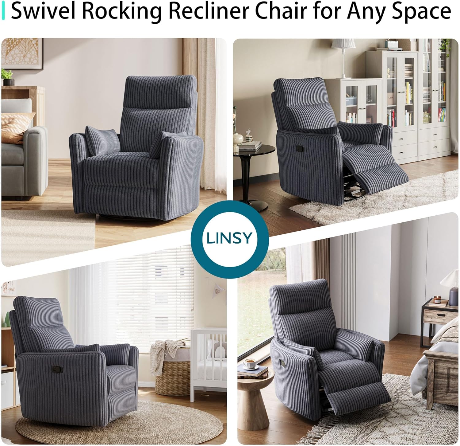 LINSY 360 Swivel Recliner Chair: Corduroy Rocking Chair Nursery Glider Chairs with 2 Pillows Comfy High Back Adult Recliner for Small Spaces, Living Room Bedroom Nursery Reclining Chairs (Grey)