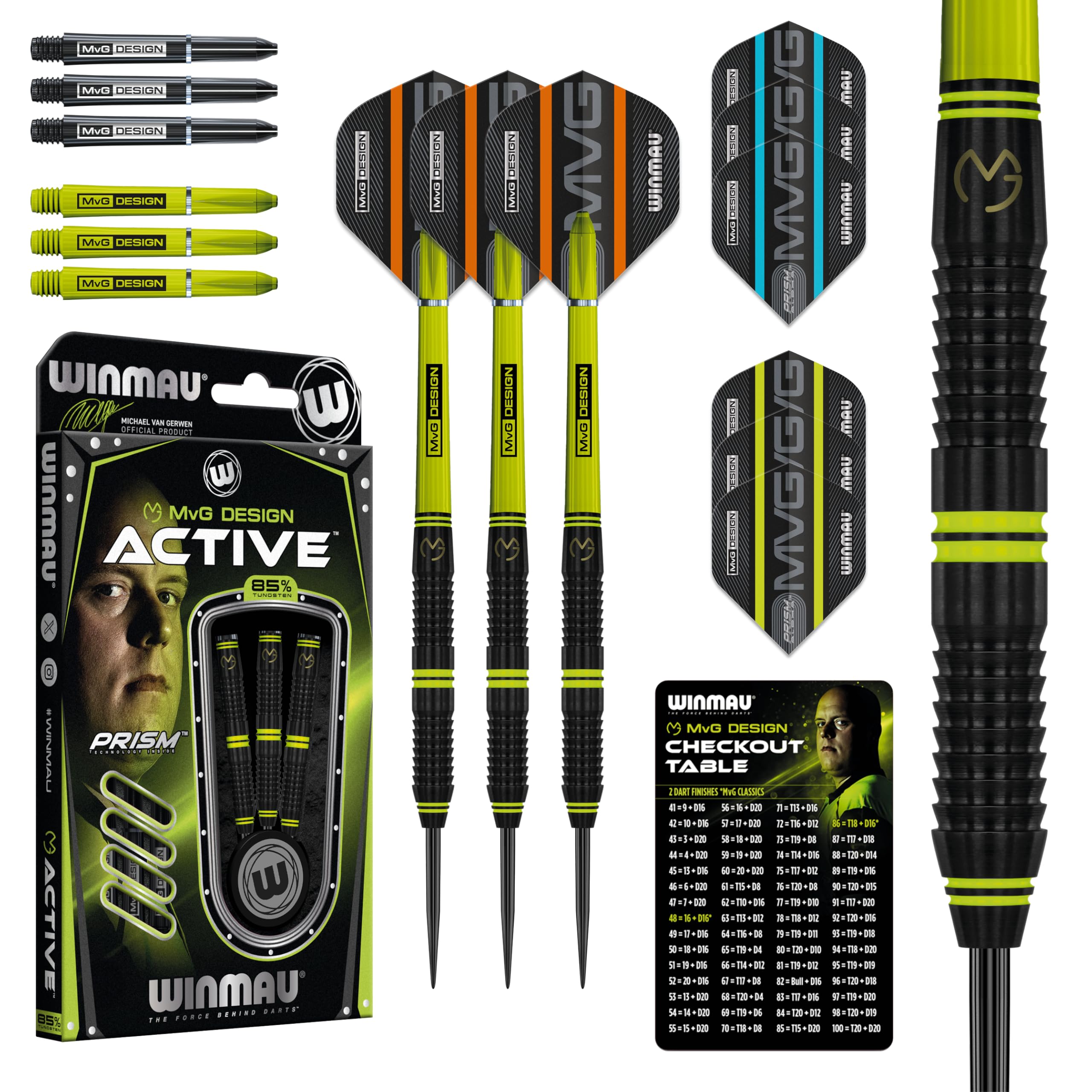 WINMAU Darts – Michael Van Gerwen -MvG Active 24g – 85% Tungstène - Jeu de flechettes Professionnel avec des ailettes de fléchettes, des tigesde fléchette & flechette Pointe Acier Un Protecteur