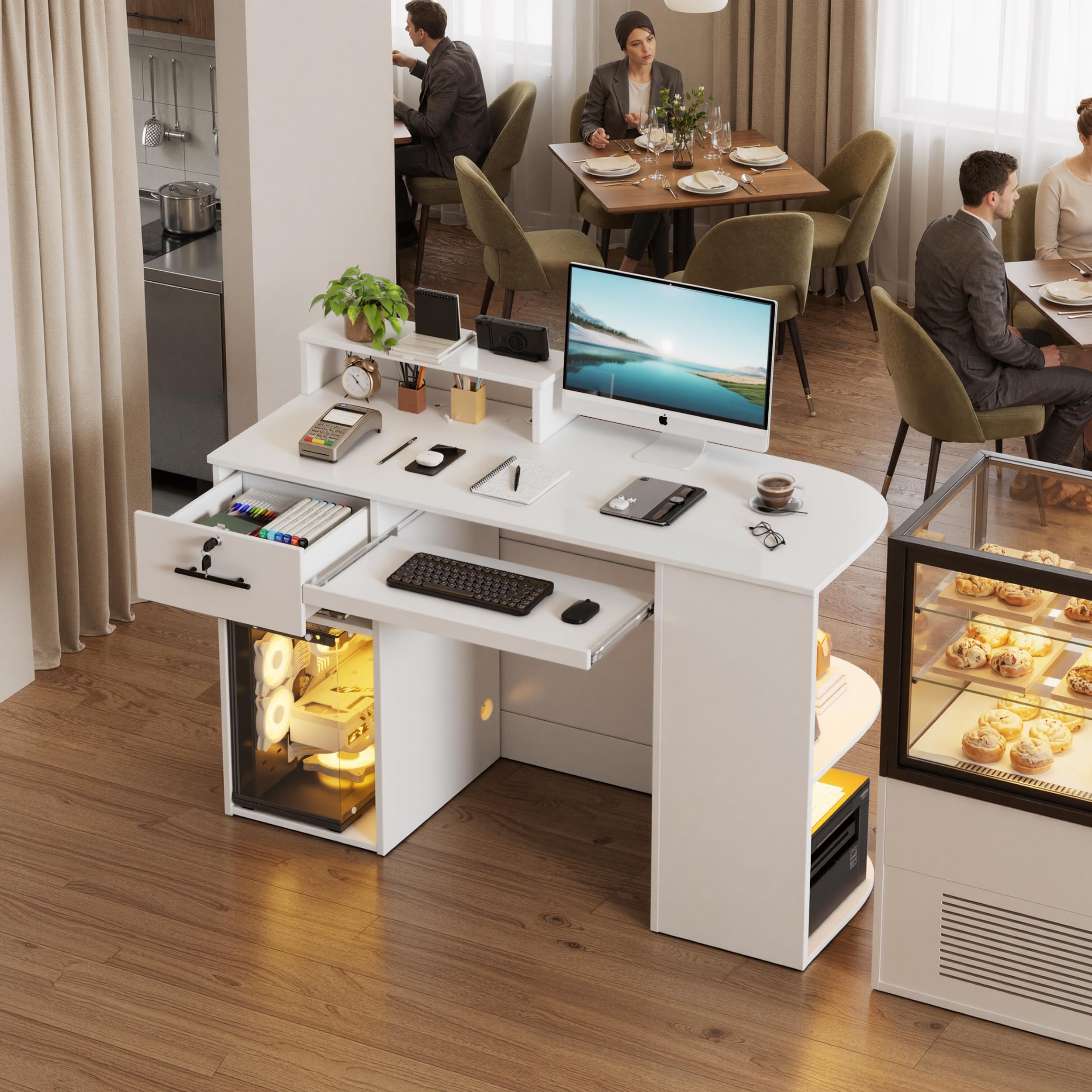 Mesita de recepción con iluminación LED, mostrador de recepción con cajones con cerradura, estante de exposición y bandeja para teclado, mesa de recepción moderna para salón, tienda, hotel, oficina
