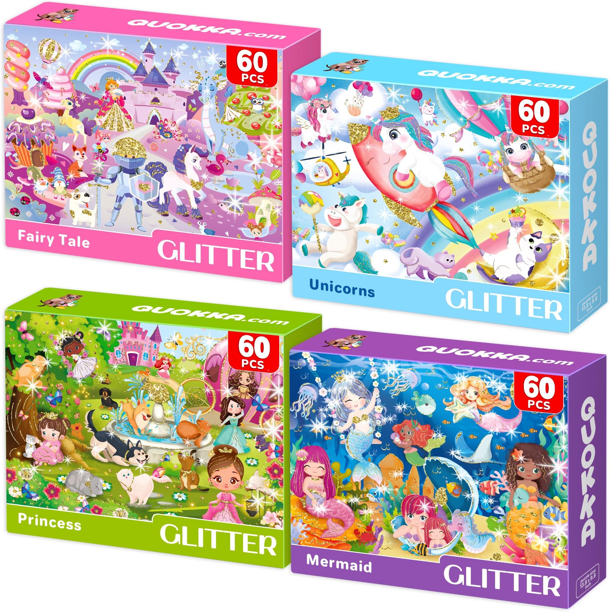 QUOKKA Puzzles for Kids Ages 4-6 - Set of 4x60 Jigsaw Puzzles for Toddlers 3-5 - Unicorn Princess Animals Toys for Children 6-8 yo - Gift Educational Game for Boys & Girls