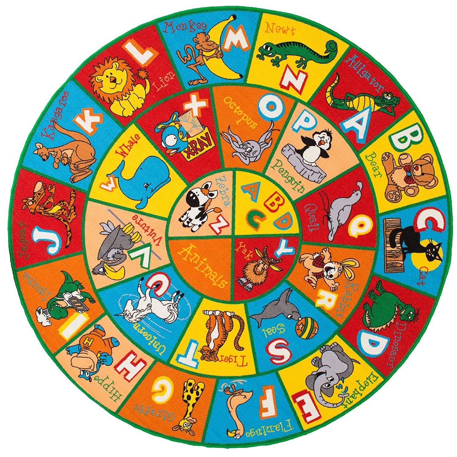 Kids/Baby Room/Daycare/Classroom/Playroom Area Rug. ABC Animals. Zoo. Educational. Fun. Non-Slip Back. Play Mat. Bright Colorful Vibrant Colors (8 ft x 8 ft Round)