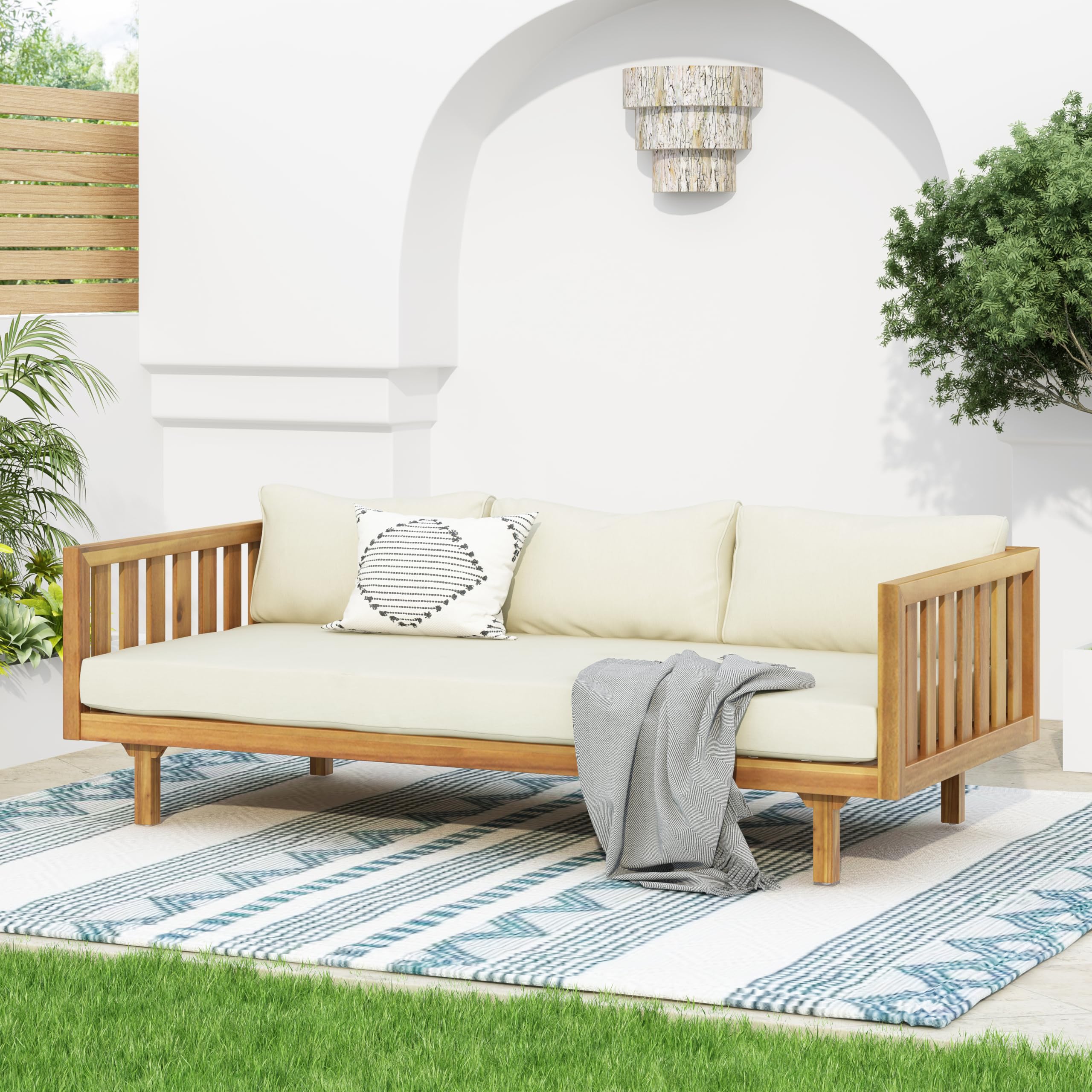 Christopher Knight Home Claremont Outdoor 3 Seater Acacia Wood Daybed with Fabric Water Resistant and Removable Cushions, Patio Garden Poolside Sofa