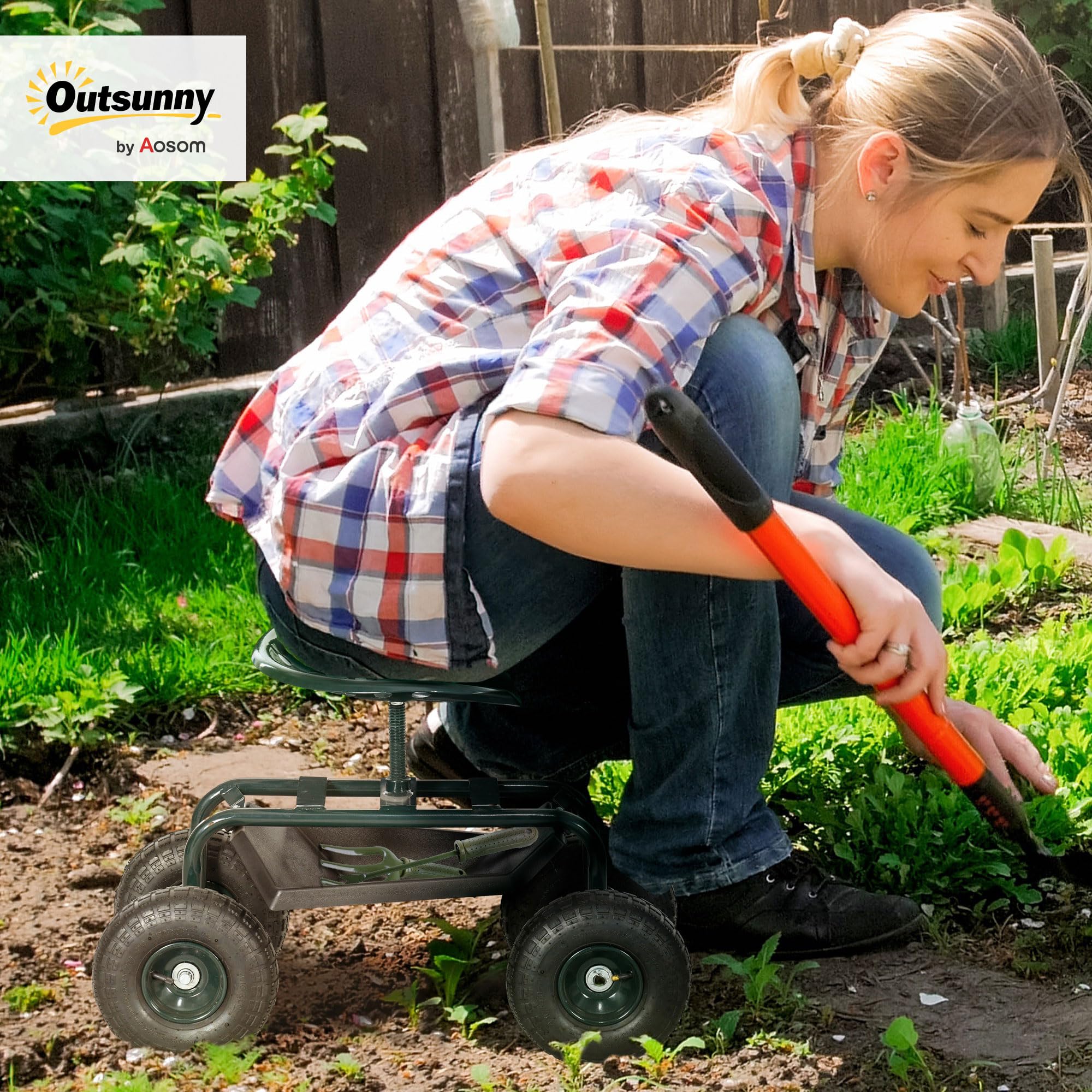 Outsunny Carrello da Giardino con Sedile Regolabile in Altezza e Vassoio Inferiore Porta Attrezzi, Sgabello da Giardinaggio con Ruote Grandi, per Esterno, Patio e Giardino, Verde Scuro