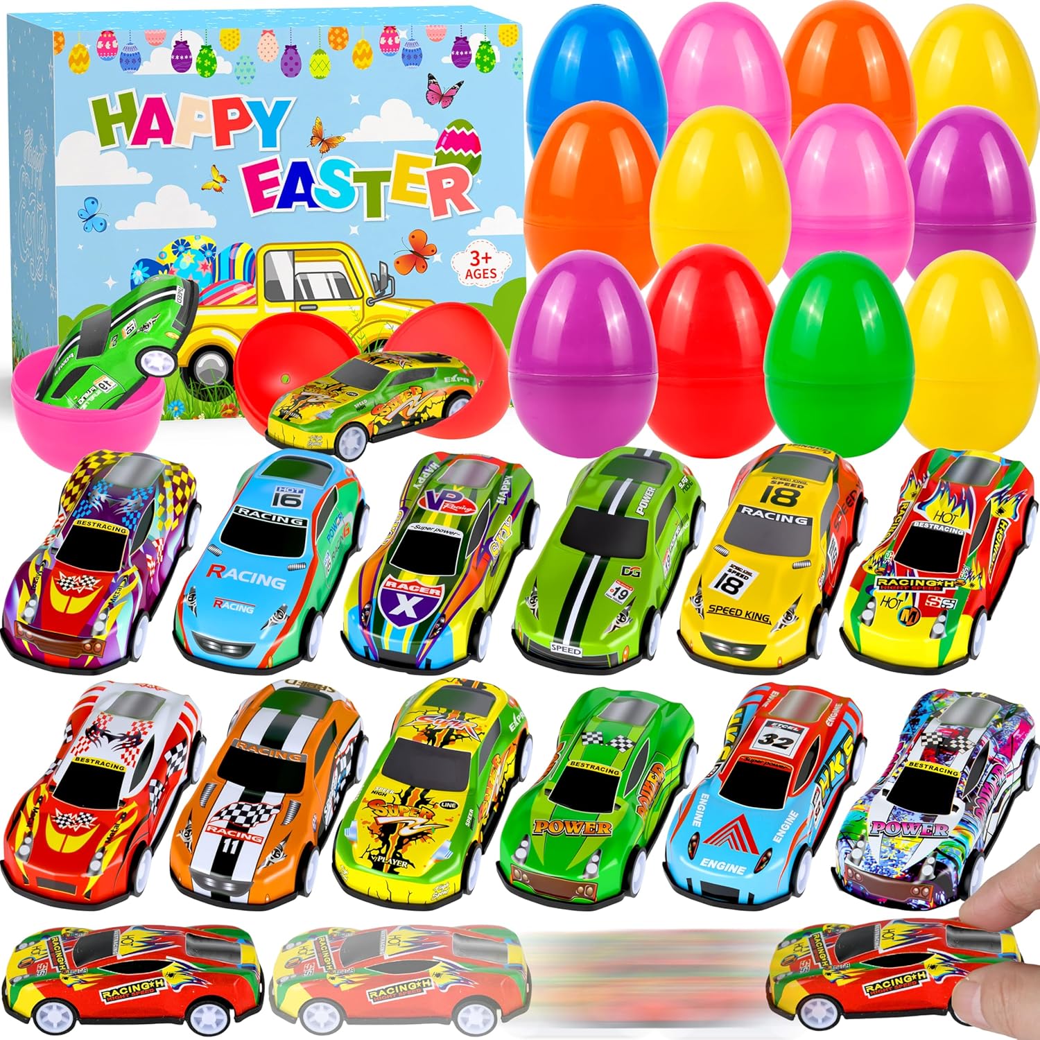 24Pack Prefilled Easter Eggs with Pull Back Cars,Mini Race Car Prefilled Easter Basket Stuffers Gifts Party Favors for Classroom Prizes Goodie Bag Egg Hunt
