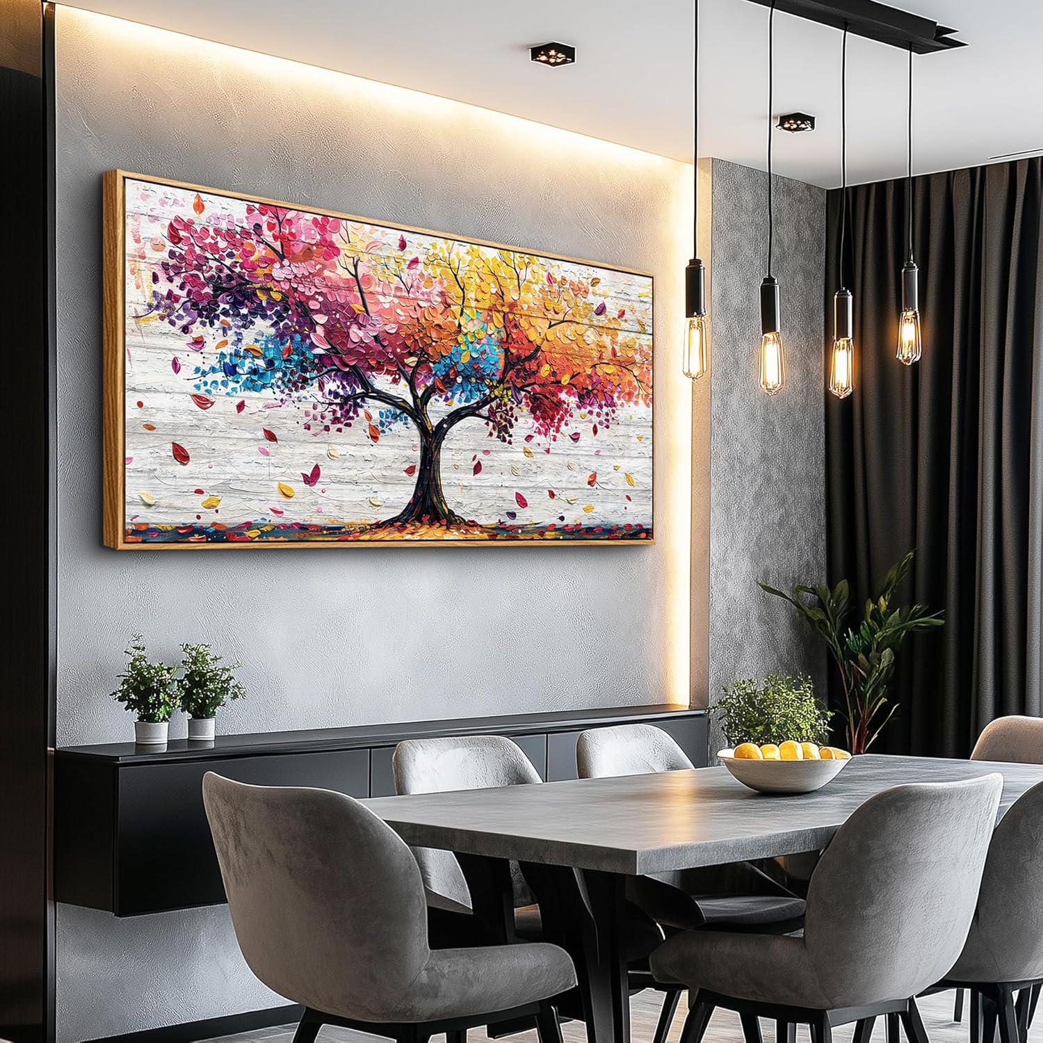 Wapluam Vibrant Tree Of Life Wall Art Colorful Nature Abstract Painting Picture Modern Panoramic Landscape Wall Decor Artwork Framed Canvas Print For Living Room Bedroom Office Home Decor 20"X40"