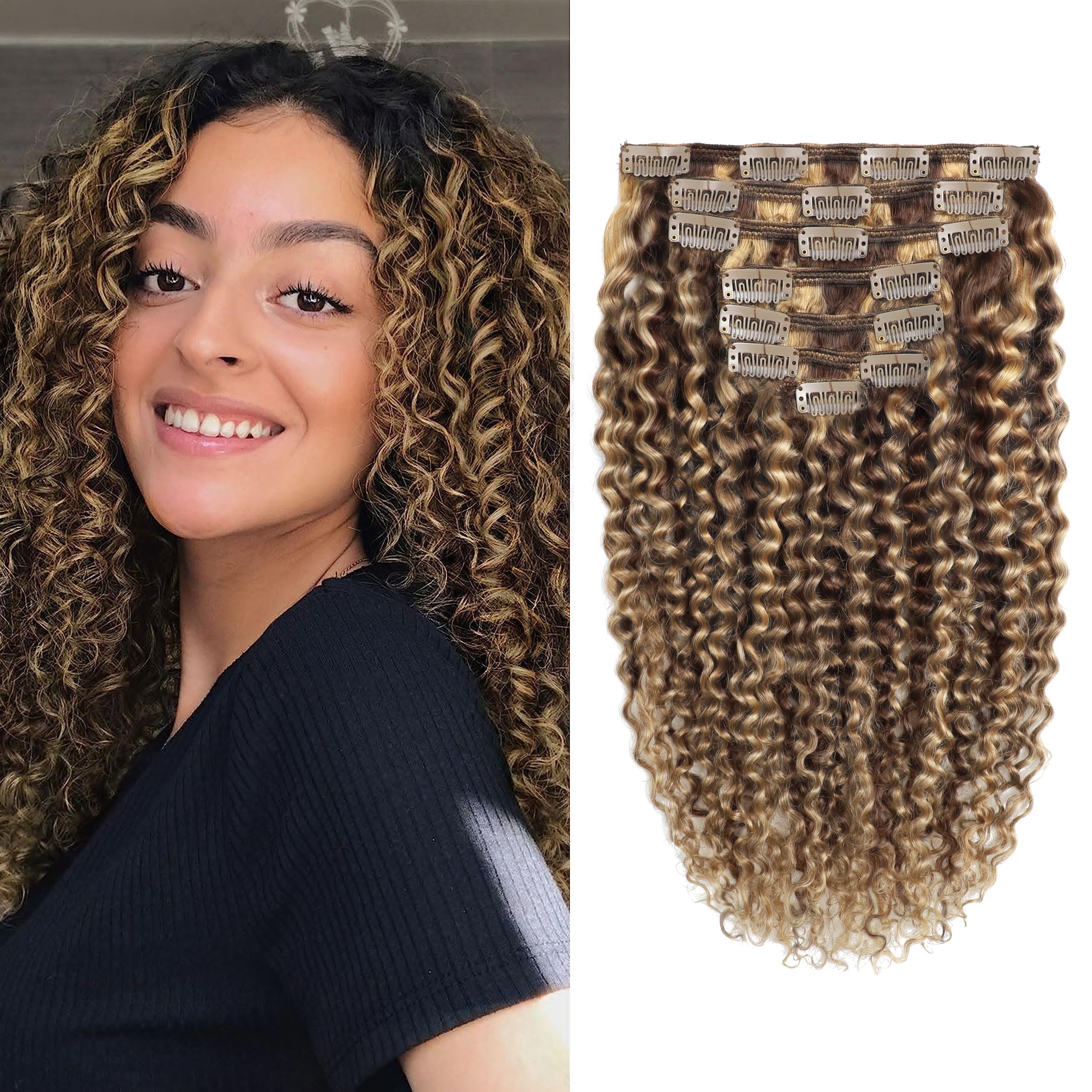 Anrosa 22 inch Curly Human Hair Clip In Extensions Real Hair Double Weft Natural 3B 3C Jerry Curly for Women Dark Brown #4 with Caramel Blonde #27