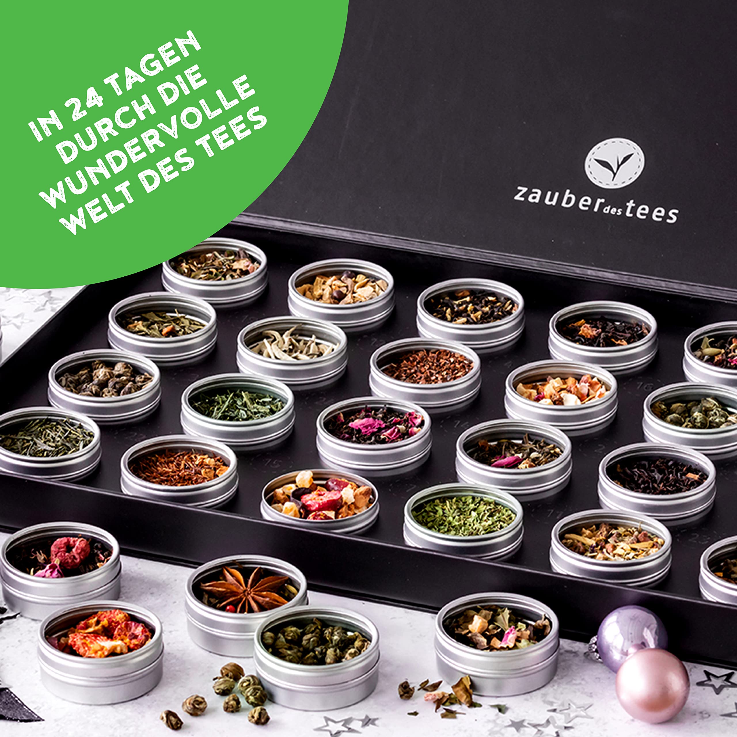 Zauber des Tees | Tee-Adventskalender 2025 | Weihnachtskalender mit 24 besonderen Tees, handgefertigt, in edler Magnet-Geschenkbox | Tee Geschenkset für Teeliebhaber