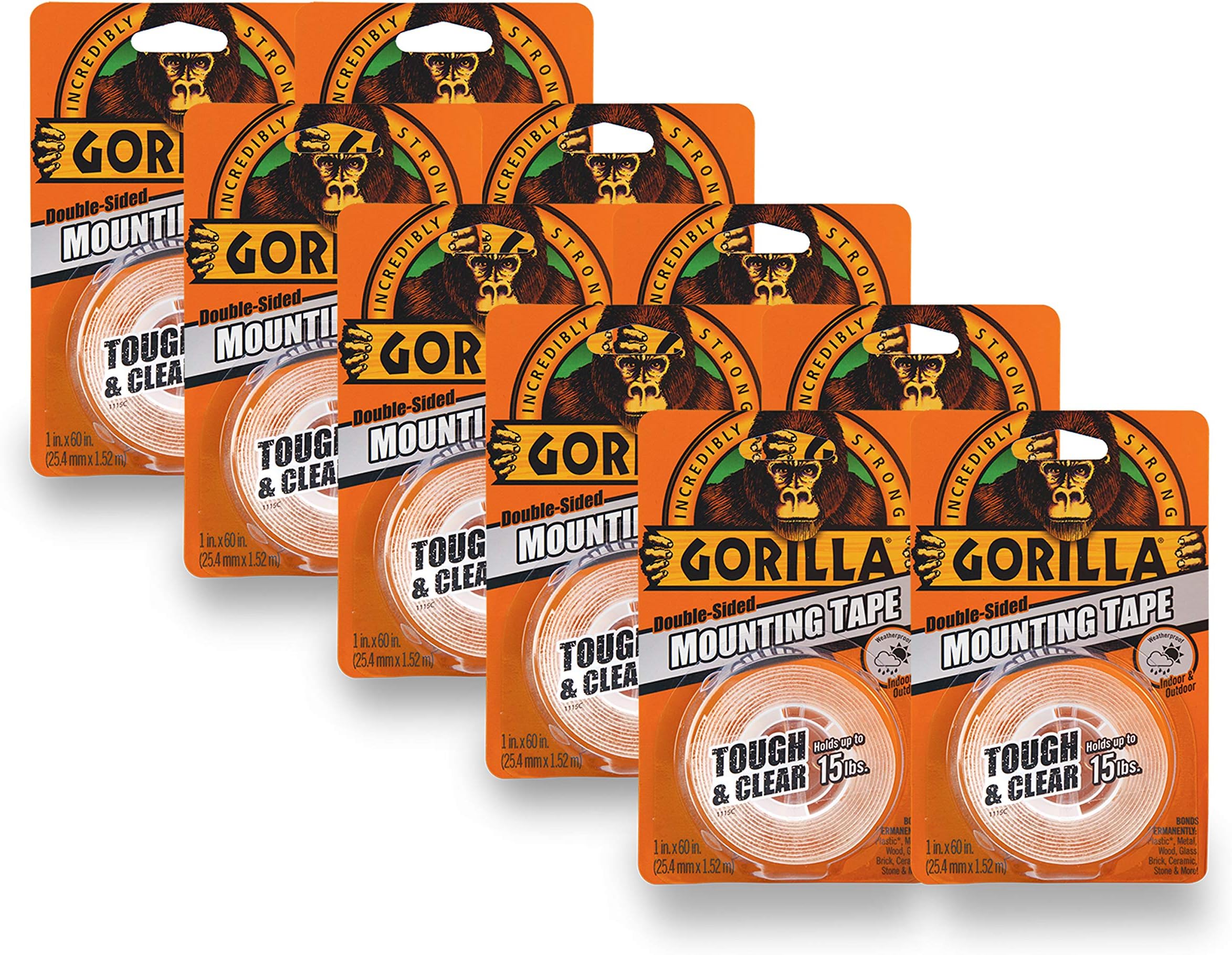 Gorilla Tough & Clear Double Sided Mounting Tape, 1" x 60", Clear, (Pack of 10)