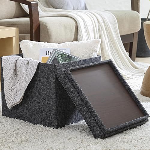 Ornavo Home Taburete otomano de almacenamiento cuadrado de lino plegable con cubo copetudo, reposapiésasiento con tapa de mesa, mesa de café otomana