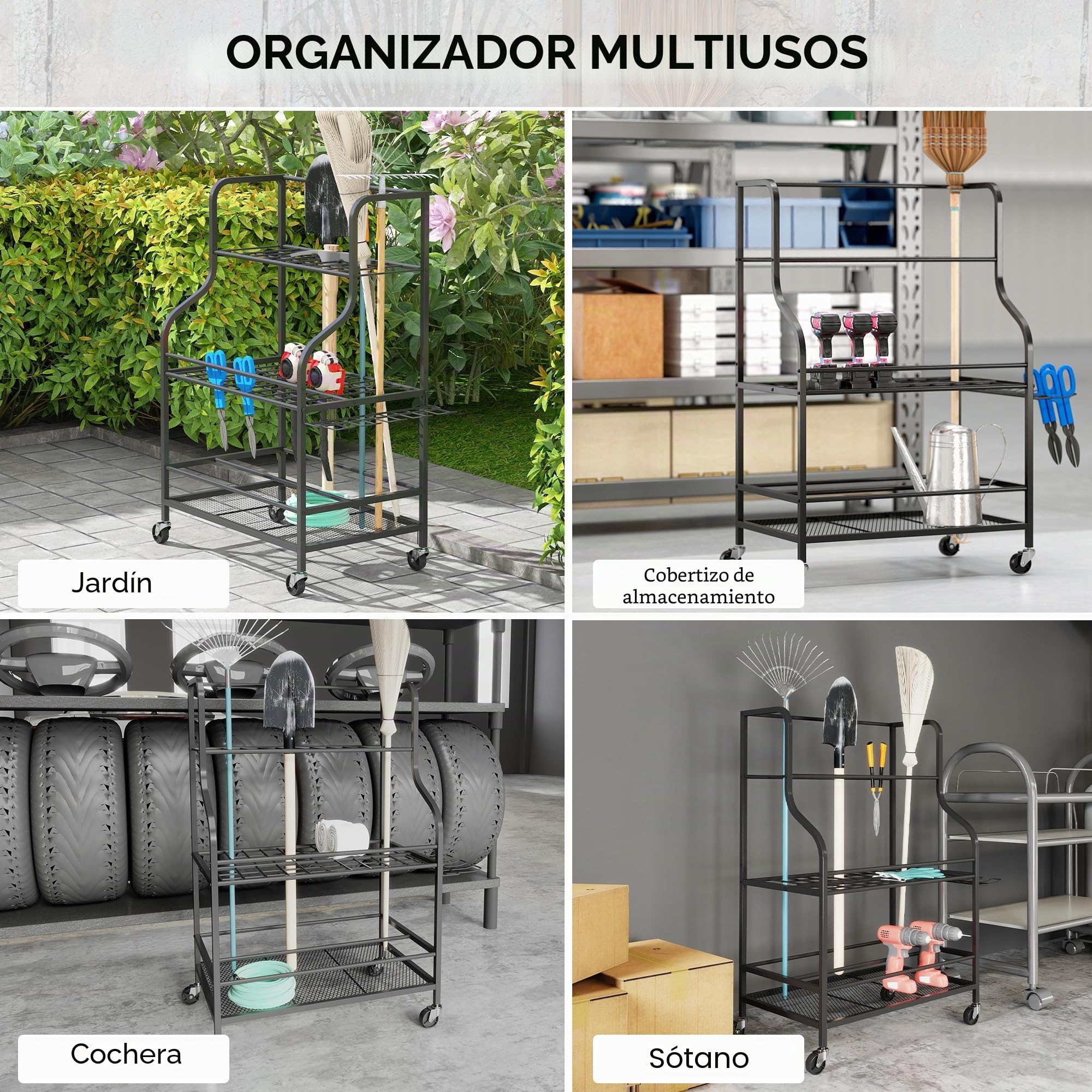 Outsunny - Organizador de herramientas de jardín (54 ranuras, 5 ganchos), color negro | Portaherramientas Garaje Acero Ruedas 3 Niveles, Rastrillos, Almacenamiento Herramientas Jardín
