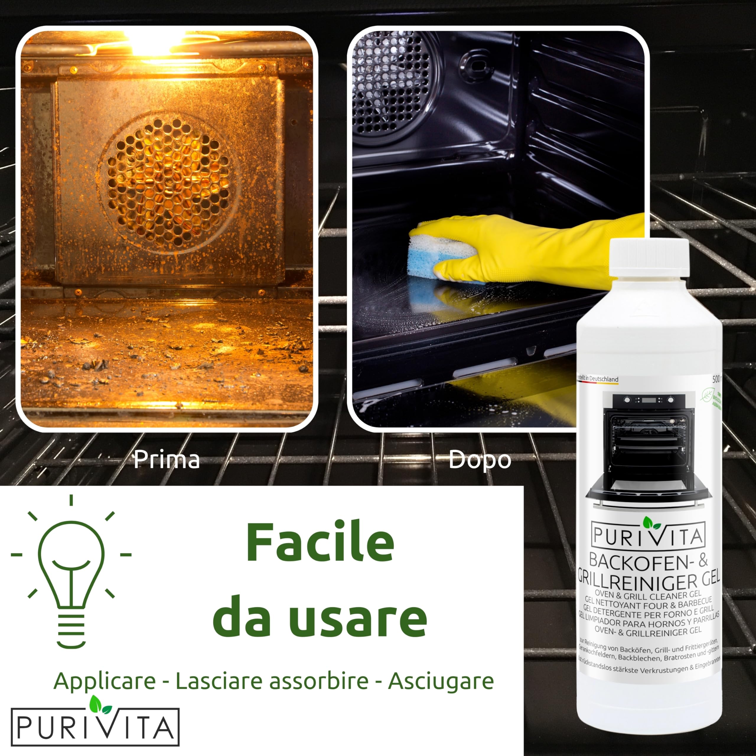 PURIVITA® Pulizia Fornr & Barbecue Grill Gel Liquido [500ML] - Detergente Pulizia Griglia Barbecue - Prodotto per Pulire il Forno & BBQ - Pulisci Forno Gel - Oven & Grill Cleaner