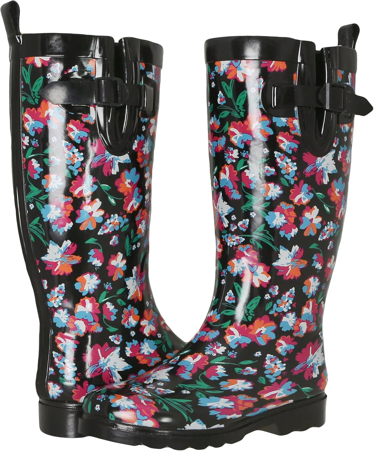 Capelli New York Ladies Shiny Tall Rubber Cozy Lined Rain Boots Floral Printed Black Combo Size 7