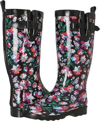 Capelli New York Ladies Shiny Tall Rubber Cozy Lined Rain Boots Floral Printed Black Combo Size 7