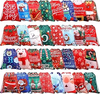 Buryeah 32 Pieces Christmas Drawstring Gift Bags 13.7 x 11.8' Assorted Styles Wrapping Sacks Reusable Santa Snowman Tree Christmas Bags for for Gifts Wrapping Goody Bags Birthday Holiday Party Favor