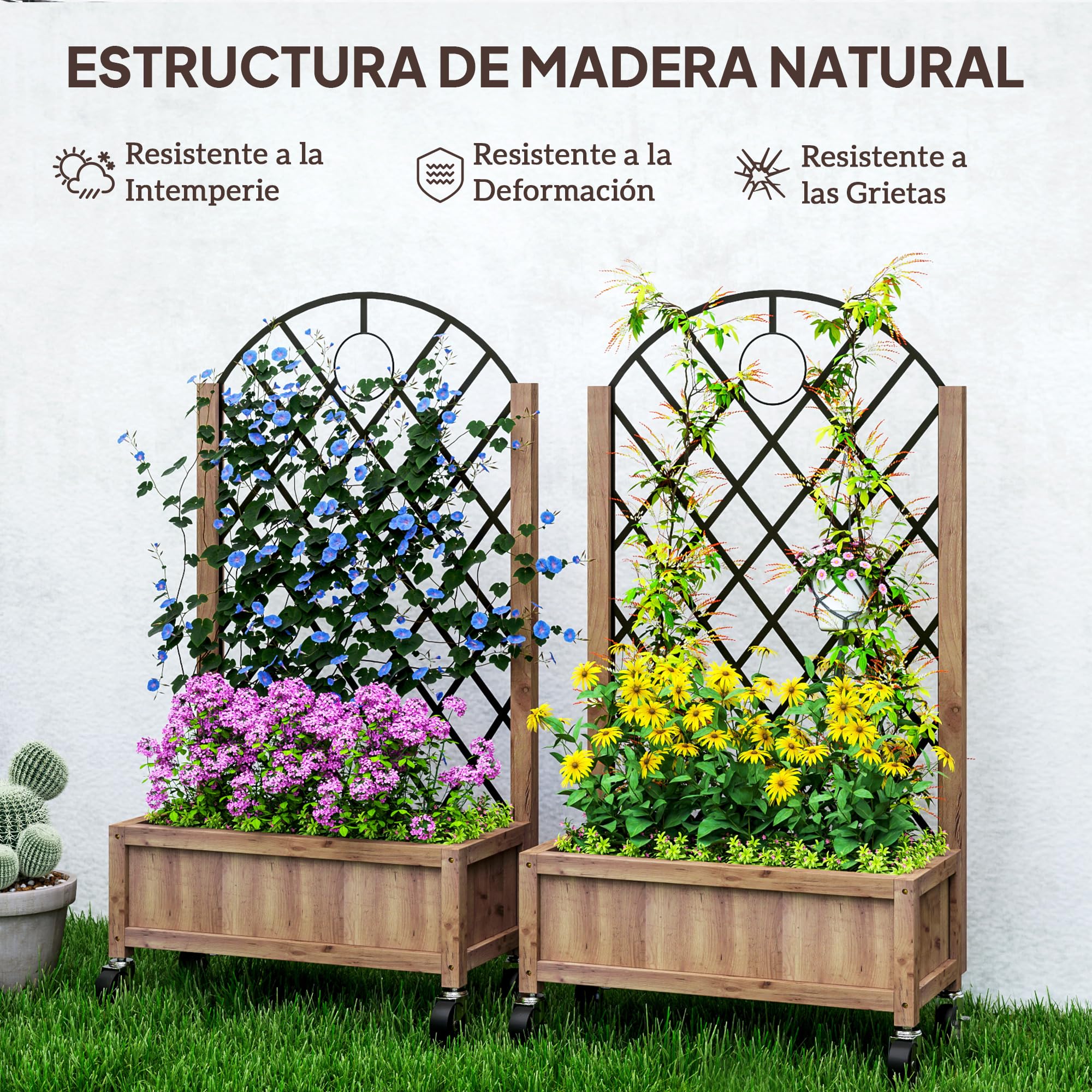 Outsunny Juego de 2 Jardineras de Exterior con Ruedas 52x25x97 cm Natural | Jardineras con Celosía Metálica, para Plantas Trepadoras, Maceteros para Jardín Terraza Patio