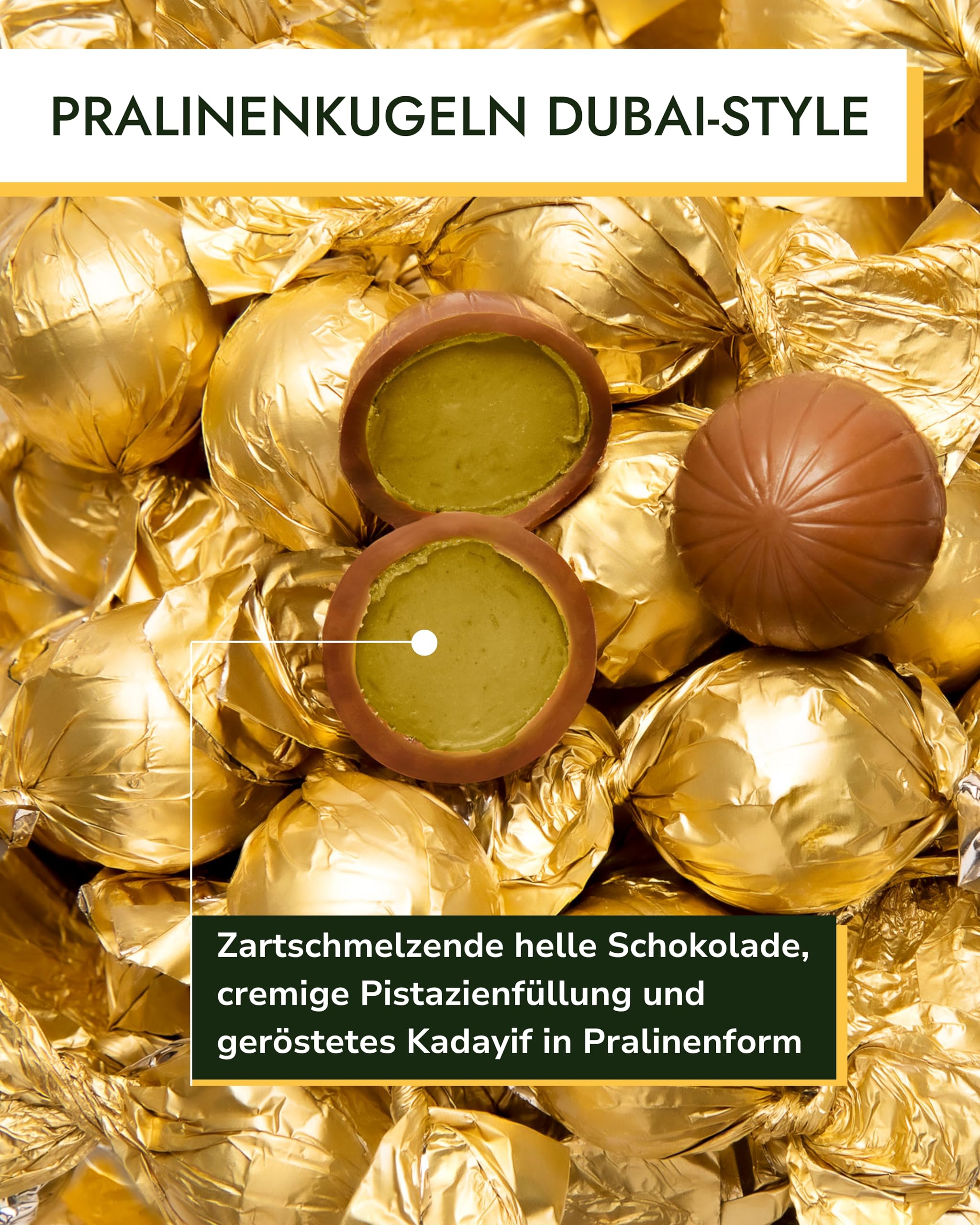Rausch Pralinenkugeln Dubai Style – Dubai Pralinen mit zartschmelzender heller Schokolade, cremiger Pistazienfüllung und knusprigem Kadayif – 120g Packung mit 12 edlen Pistazien Pralinen
