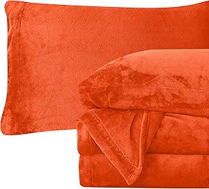 Elegant Comfort Luxuriously Soft 4-Piece Velvet Plush Flannel Sheet Set - Premium Quality - Cozy Warm, Anti-Static, Non Pilling Fuzzy Velvet Flannel Fleece Deep Pocket Sheet Set - Twin, Orange