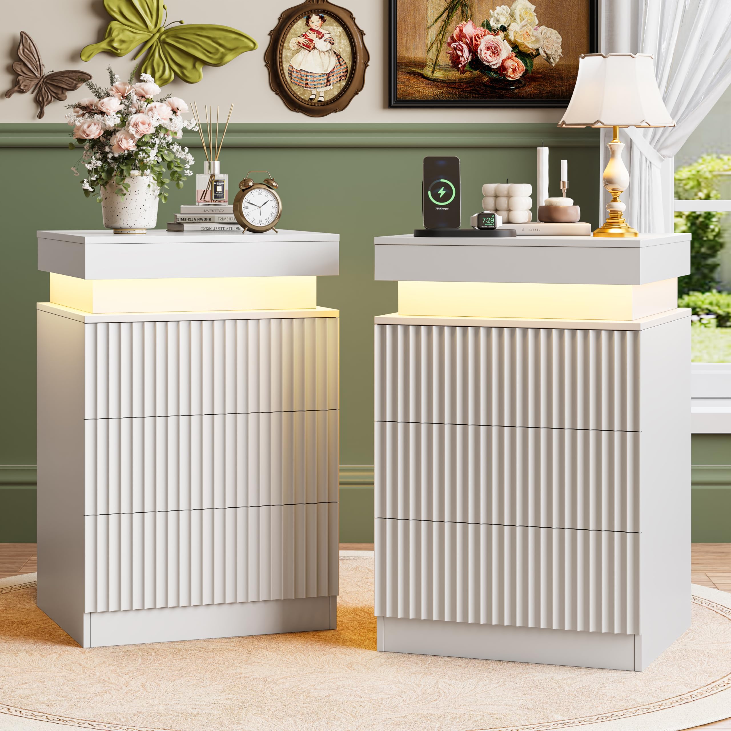 Night Stand Set 2 with Charging Station &amp; LED Light, Mid Century Modern Fluted Bedside &amp; End Tables with 3 Drawers, Sliding Top &amp; Hidden Storage, Wooden Farmhouse NightStand for Bedroom Office,White