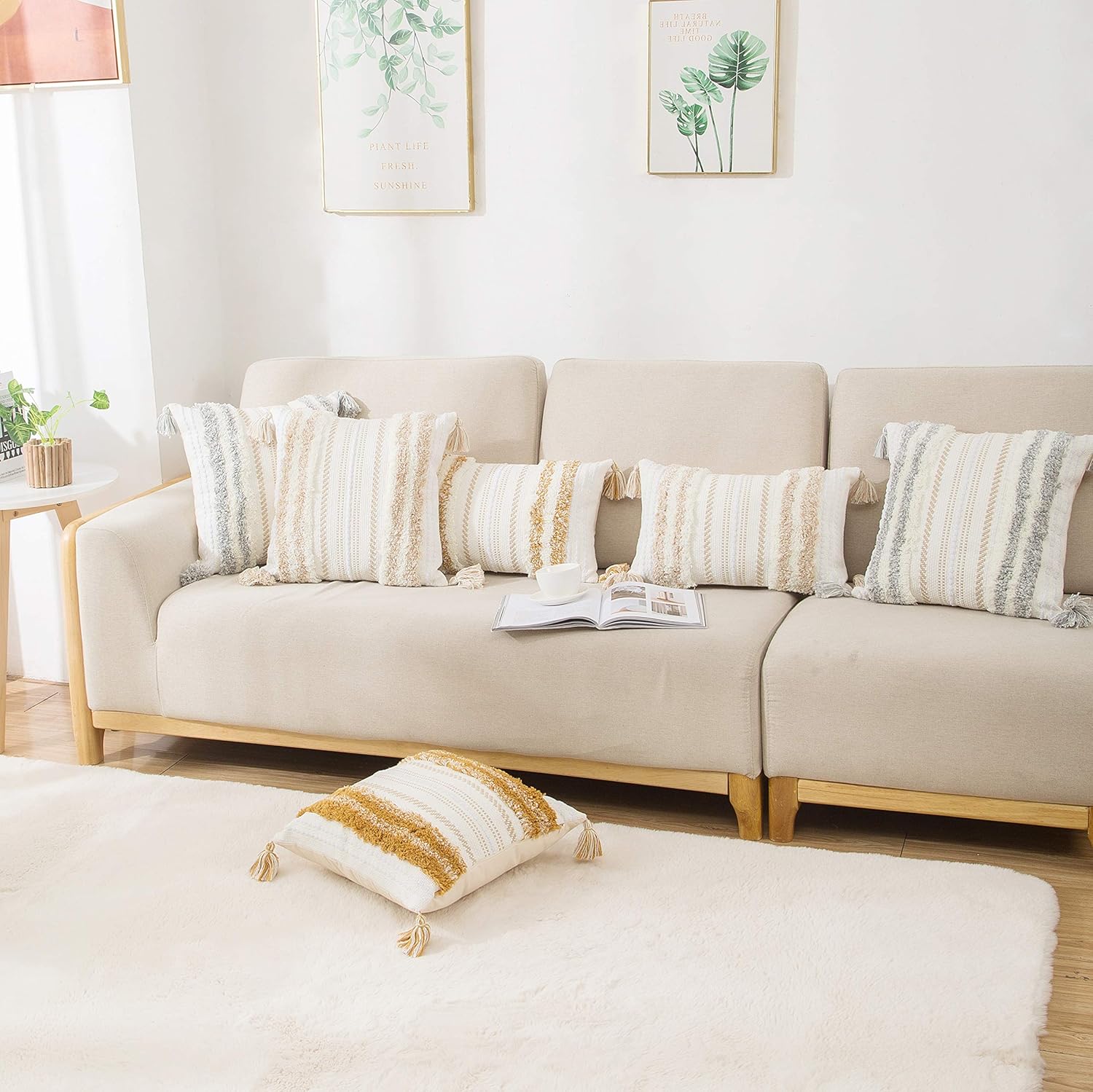 decorUhome Set of 2 Boho Decorative Throw Pillow Covers for Bed Bedroom Neutral Accent Cushion Cover Tufted Woven Pillow Case, 20x20, Grey and White : Home & Kitchen