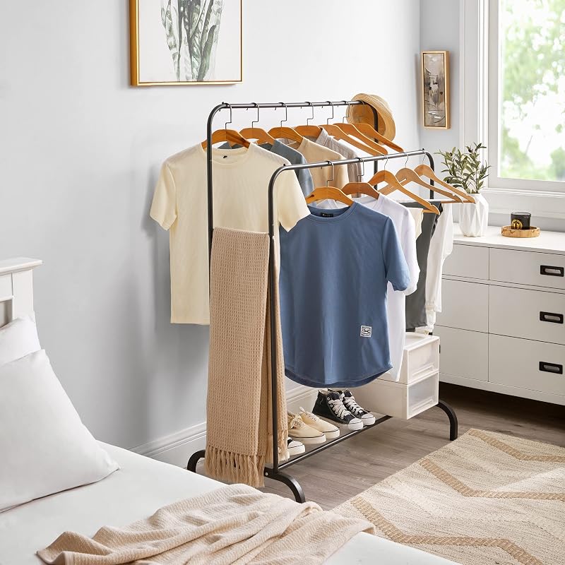 WEASHUME Freestanding Ruhaállvány 2 Rudas Polccal, Fekete Kabátállvány